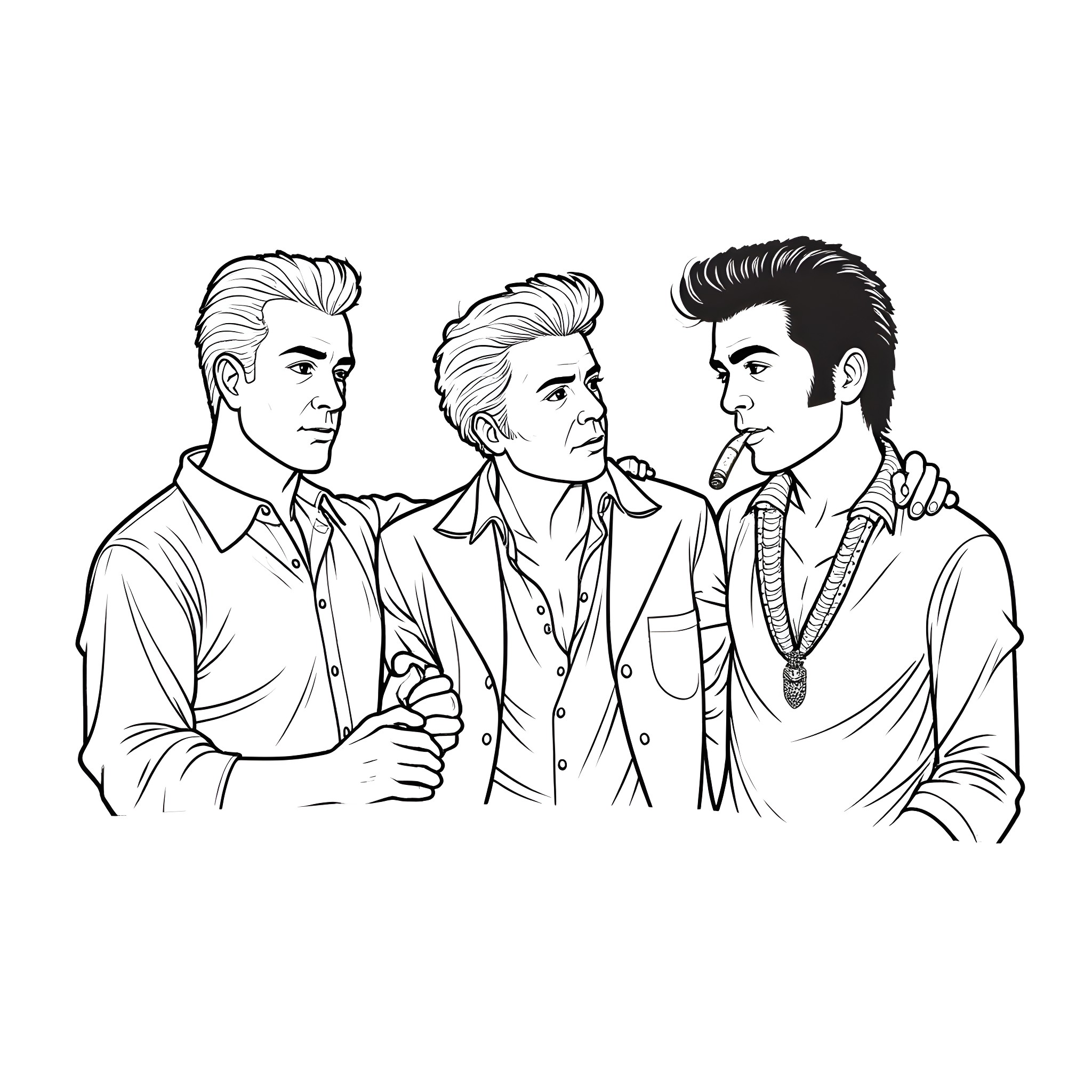 Musicians in stylish attire posing together Coloring Page (free black-and-white line drawing printable PDF for all, from beginners to advanced learners, including children, teens, adults, and seniors)