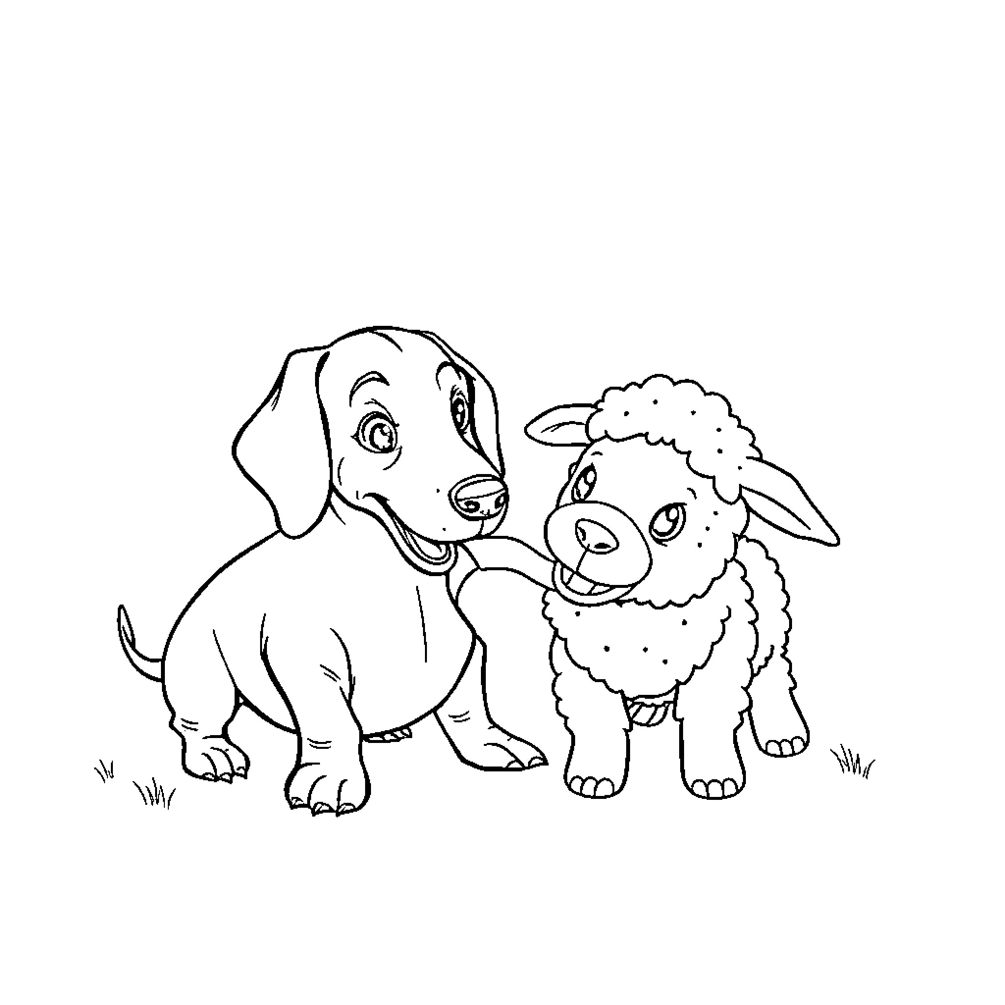 Dachshund and Lamb Playing Together Coloring Page (free black-and-white line drawing printable PDF for all, from beginners to advanced learners, including children, teens, adults, and seniors)