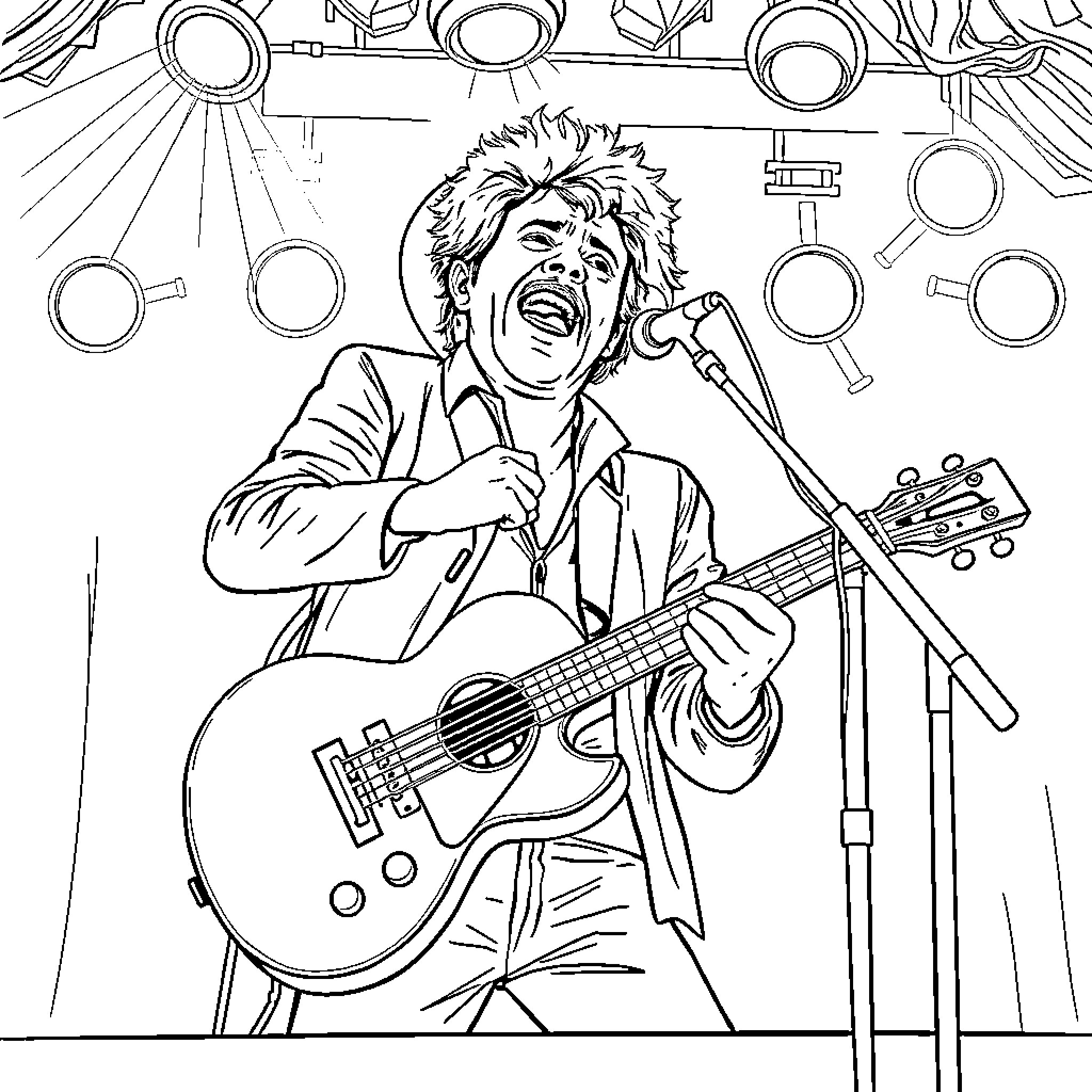 Parrita performing on stage with guitar Coloring Page (free black-and-white line drawing printable PDF for all, from beginners to advanced learners, including children, teens, adults, and seniors)
