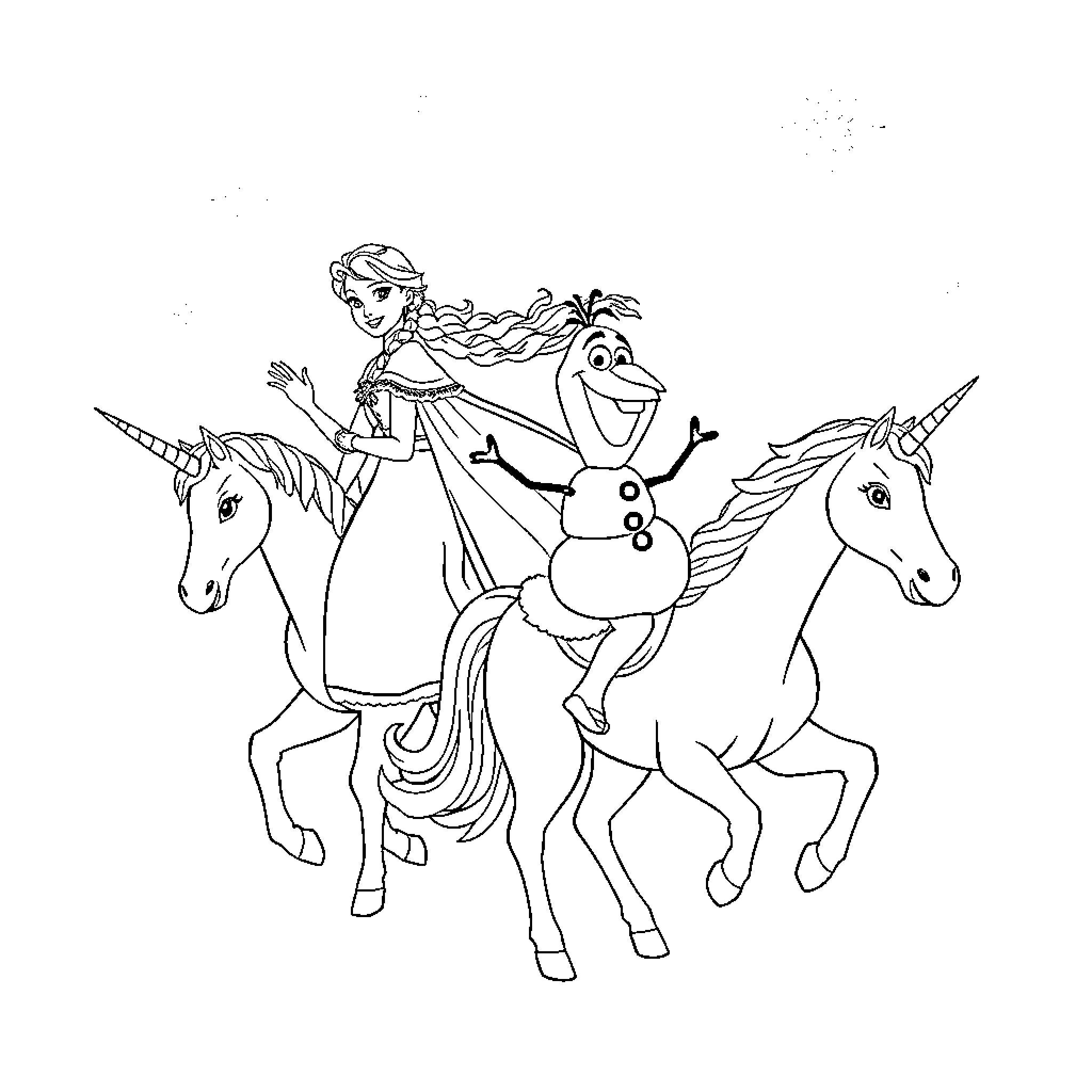 Unicorn Rider Accompanied by Magical Companions Coloring Page (free black-and-white line drawing printable PDF for all, from beginners to advanced learners, including children, teens, adults, and seniors)
