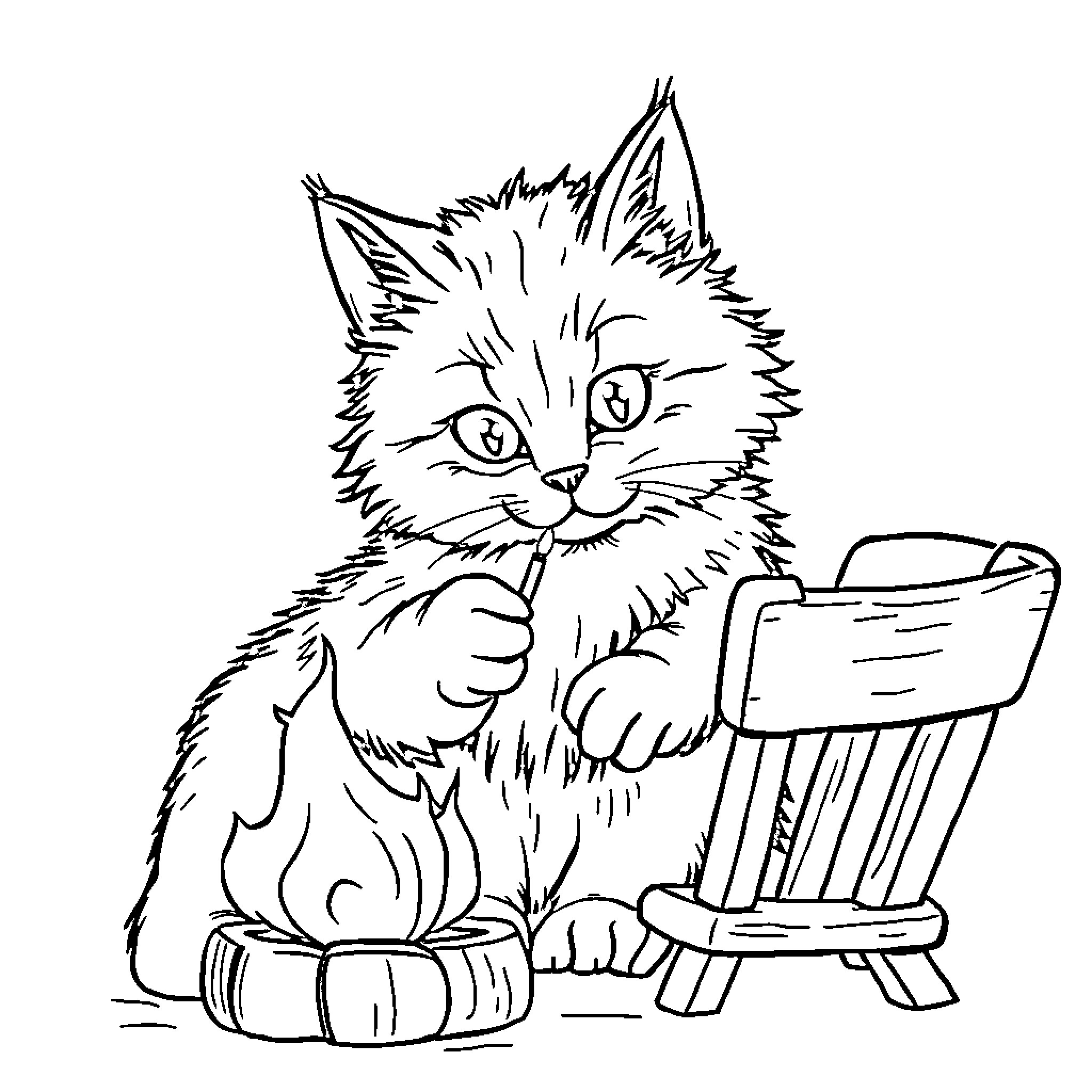 Cat curiously examining a chair Coloring Page (free black-and-white line drawing printable PDF for all, from beginners to advanced learners, including children, teens, adults, and seniors)