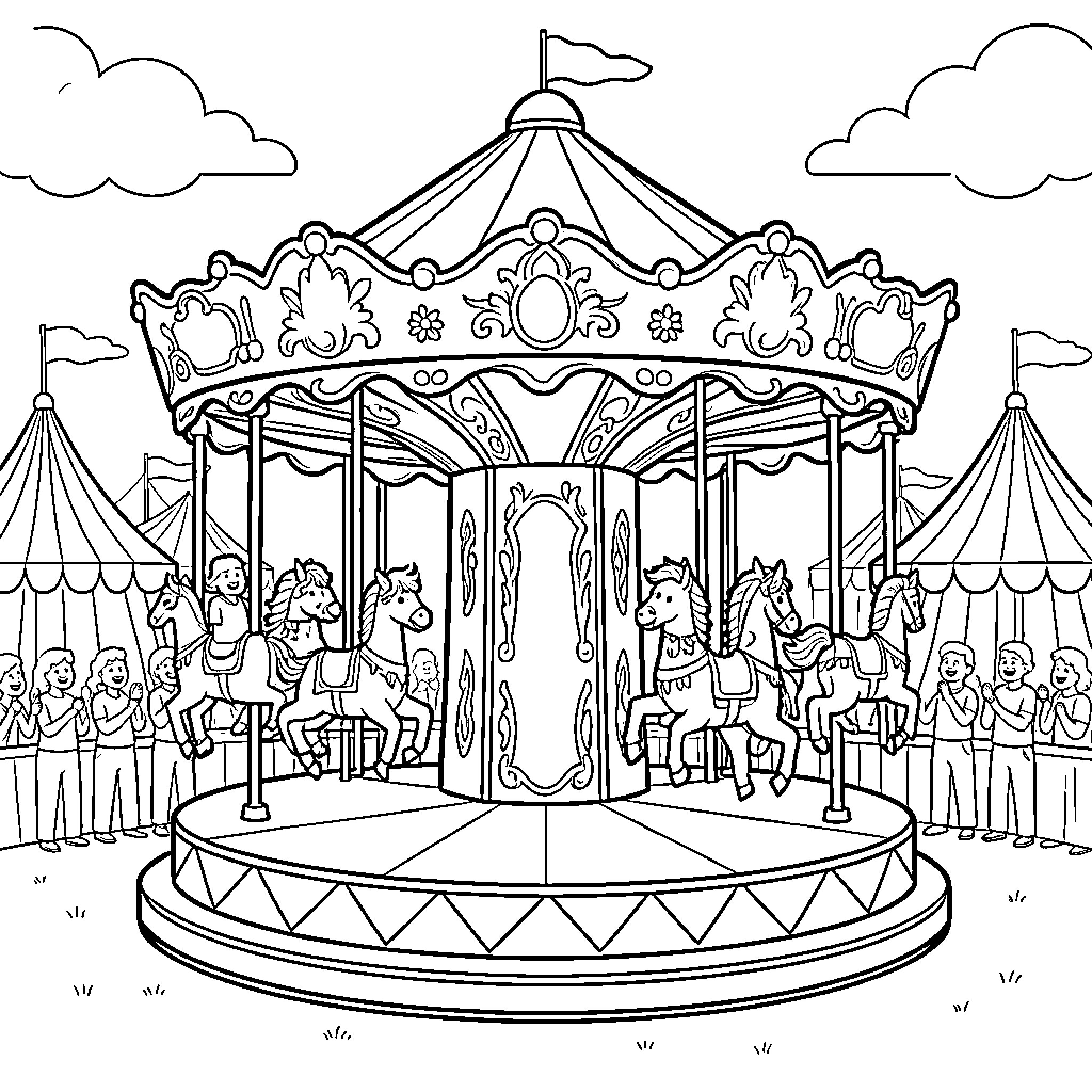Merry Go Round at the Carnival with Crowds Coloring Page (free black-and-white line drawing printable PDF for all, from beginners to advanced learners, including children, teens, adults, and seniors)