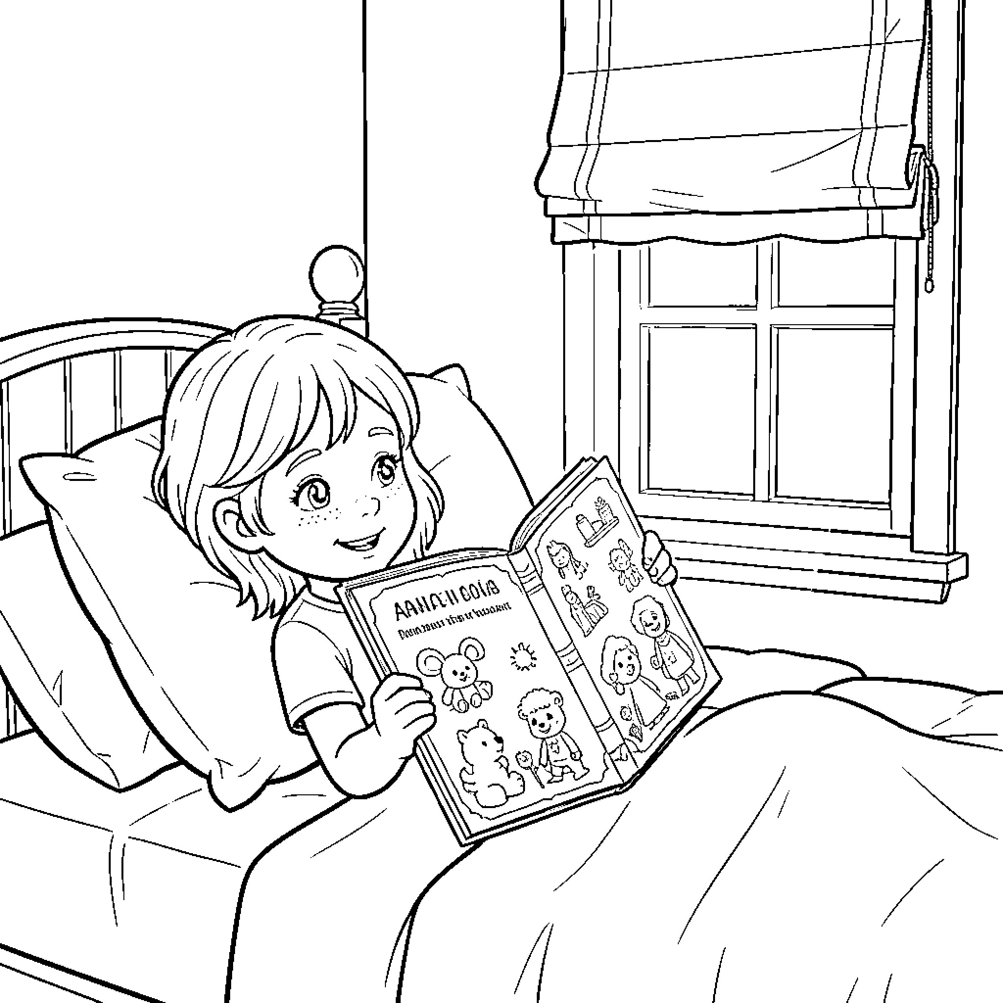 Nina reading a storybook in her room Coloring Page (free black-and-white line drawing printable PDF for all, from beginners to advanced learners, including children, teens, adults, and seniors)