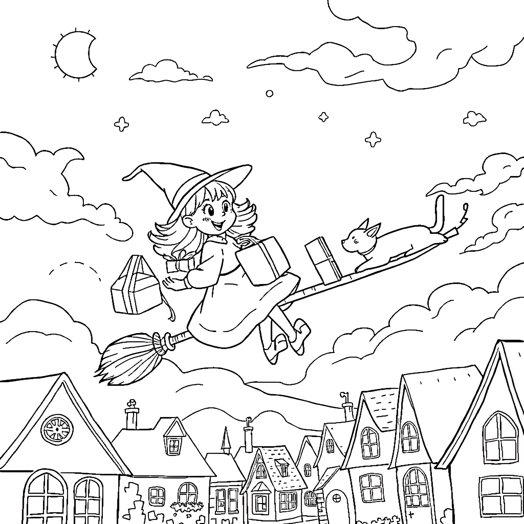 Kiki's Magical Ride through the Enchanted Sky Coloring Page (free black-and-white line drawing printable PDF for all, from beginners to advanced learners, including children, teens, adults, and seniors)