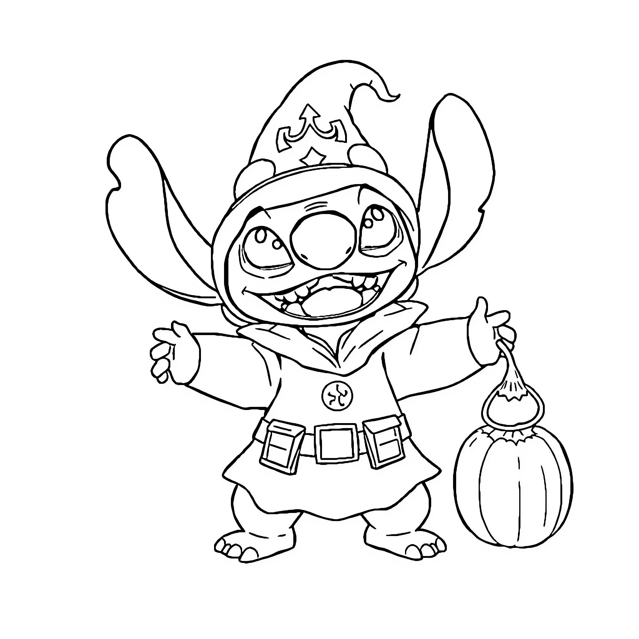 Stitch dressed as a wizard with a pumpkin Coloring Page (free black-and-white line drawing printable PDF for all, from beginners to advanced learners, including children, teens, adults, and seniors)