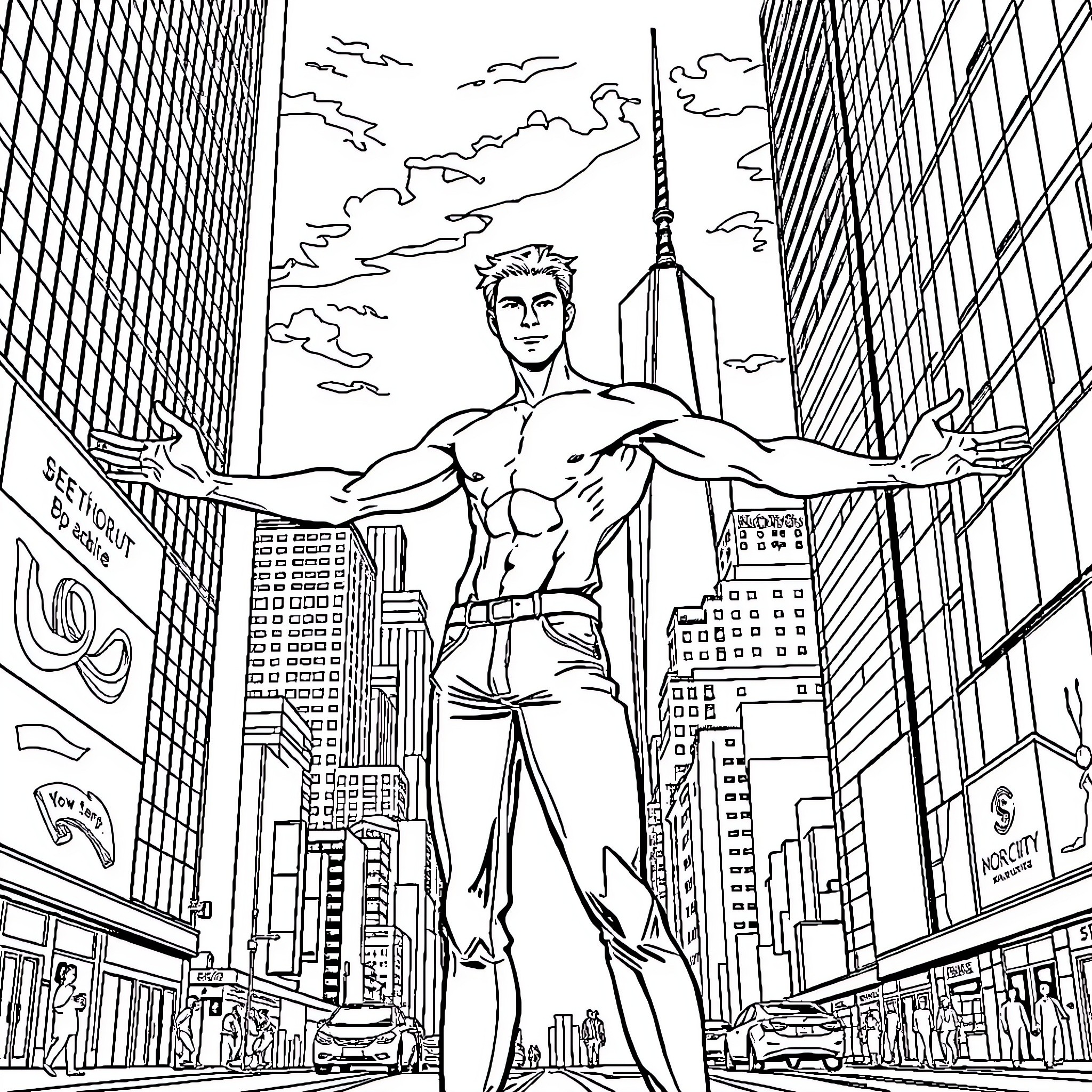 Man stands triumphantly in the city skyline Coloring Page (free black-and-white line drawing printable PDF for all, from beginners to advanced learners, including children, teens, adults, and seniors)