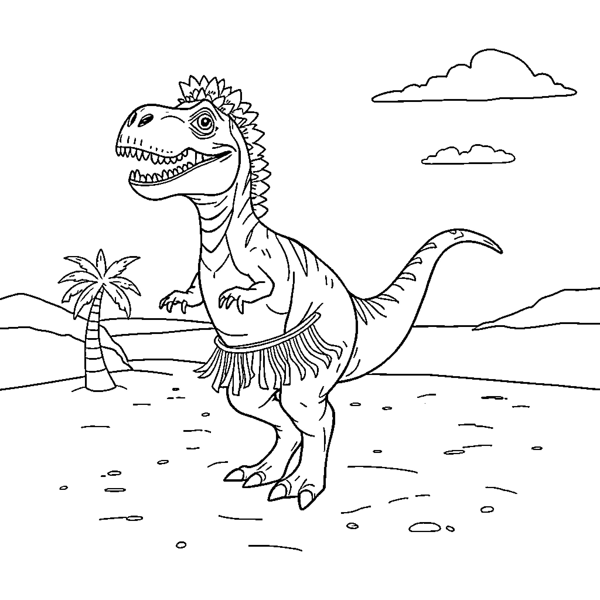 Dinosaur in a tropical landscape Coloring Page (free black-and-white line drawing printable PDF for all, from beginners to advanced learners, including children, teens, adults, and seniors)