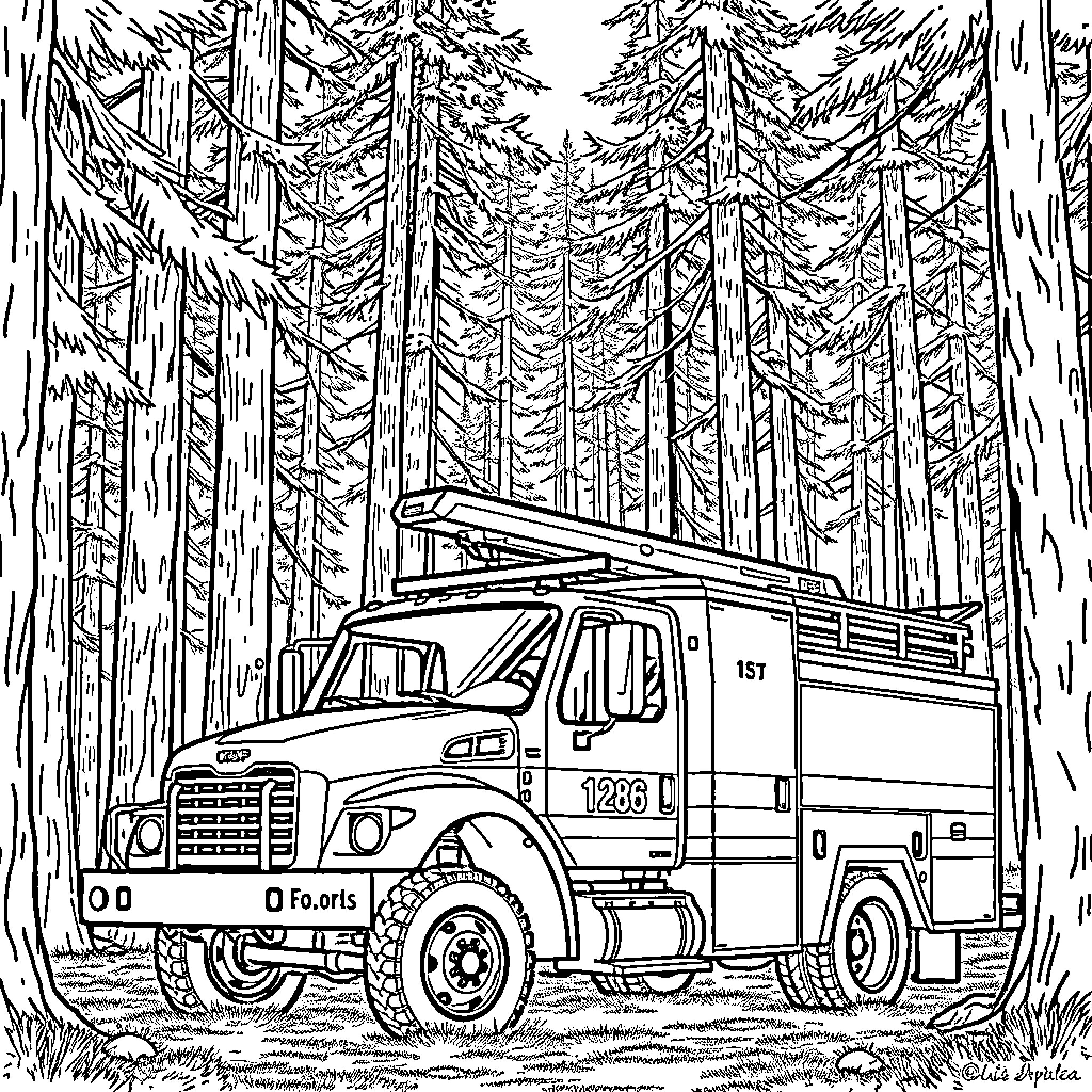 Brush Truck navigating through a dense forest Coloring Page (free black-and-white line drawing printable PDF for all, from beginners to advanced learners, including children, teens, adults, and seniors)
