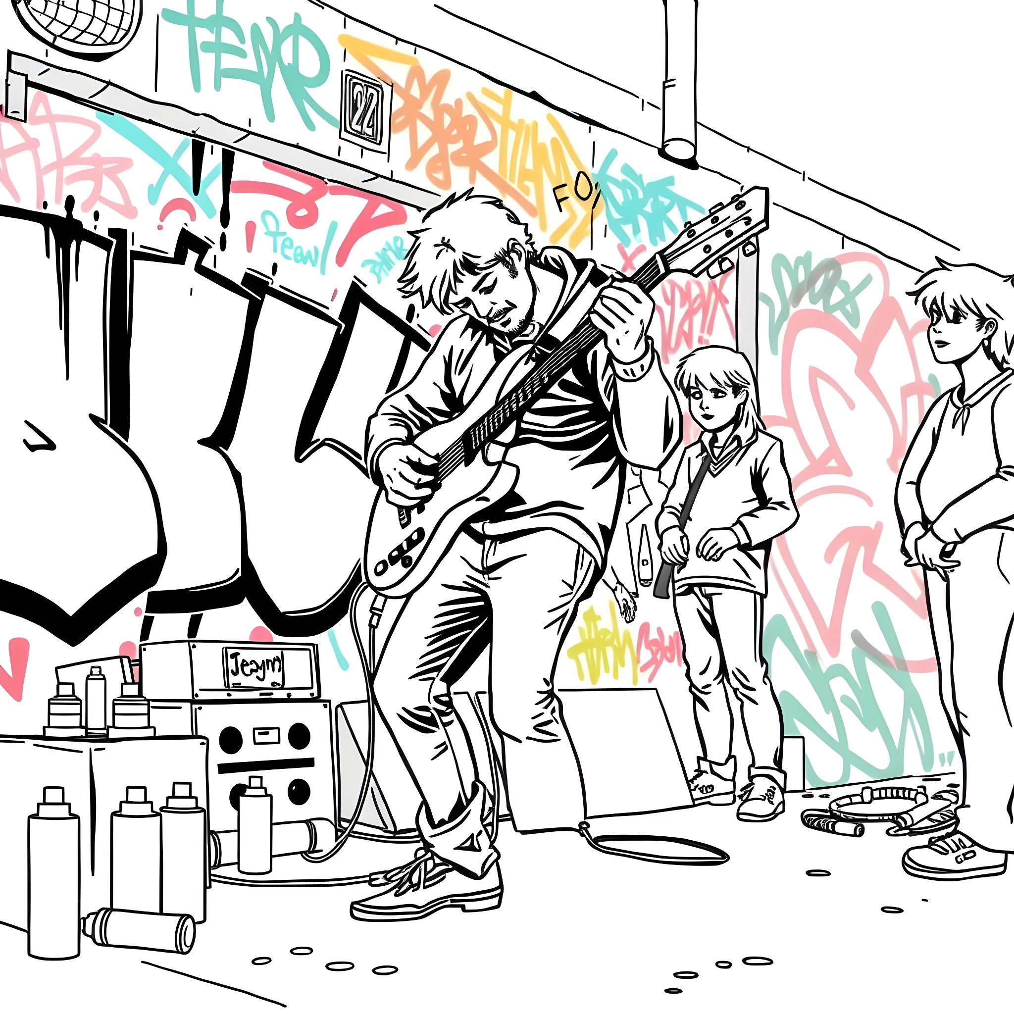 Guitarist performing in a graffiti-covered alleyway with band members Coloring Page (free black-and-white line drawing printable PDF for all, from beginners to advanced learners, including children, teens, adults, and seniors)