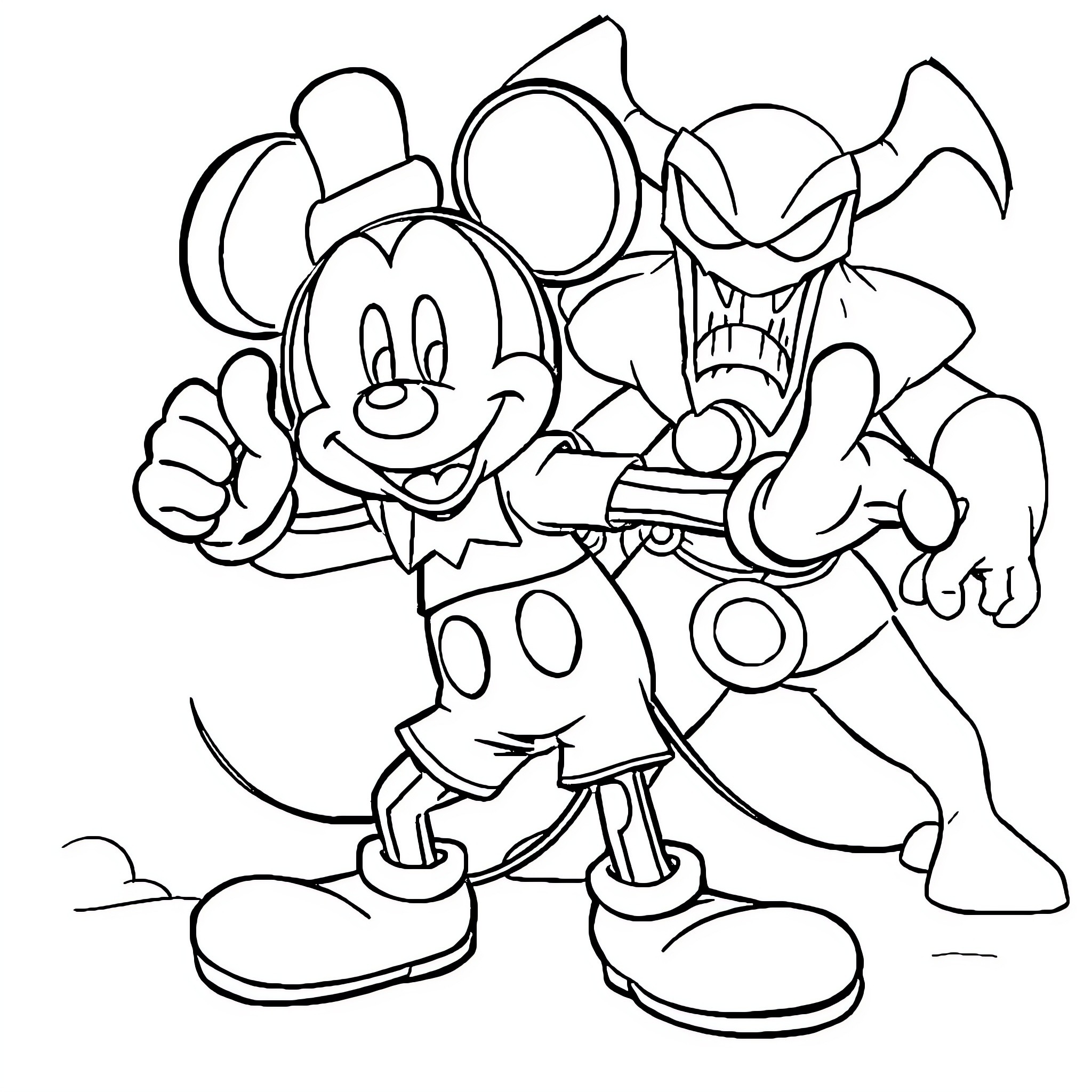 Mickey Mouse battling a fierce opponent Coloring Page (free black-and-white line drawing printable PDF for all, from beginners to advanced learners, including children, teens, adults, and seniors)