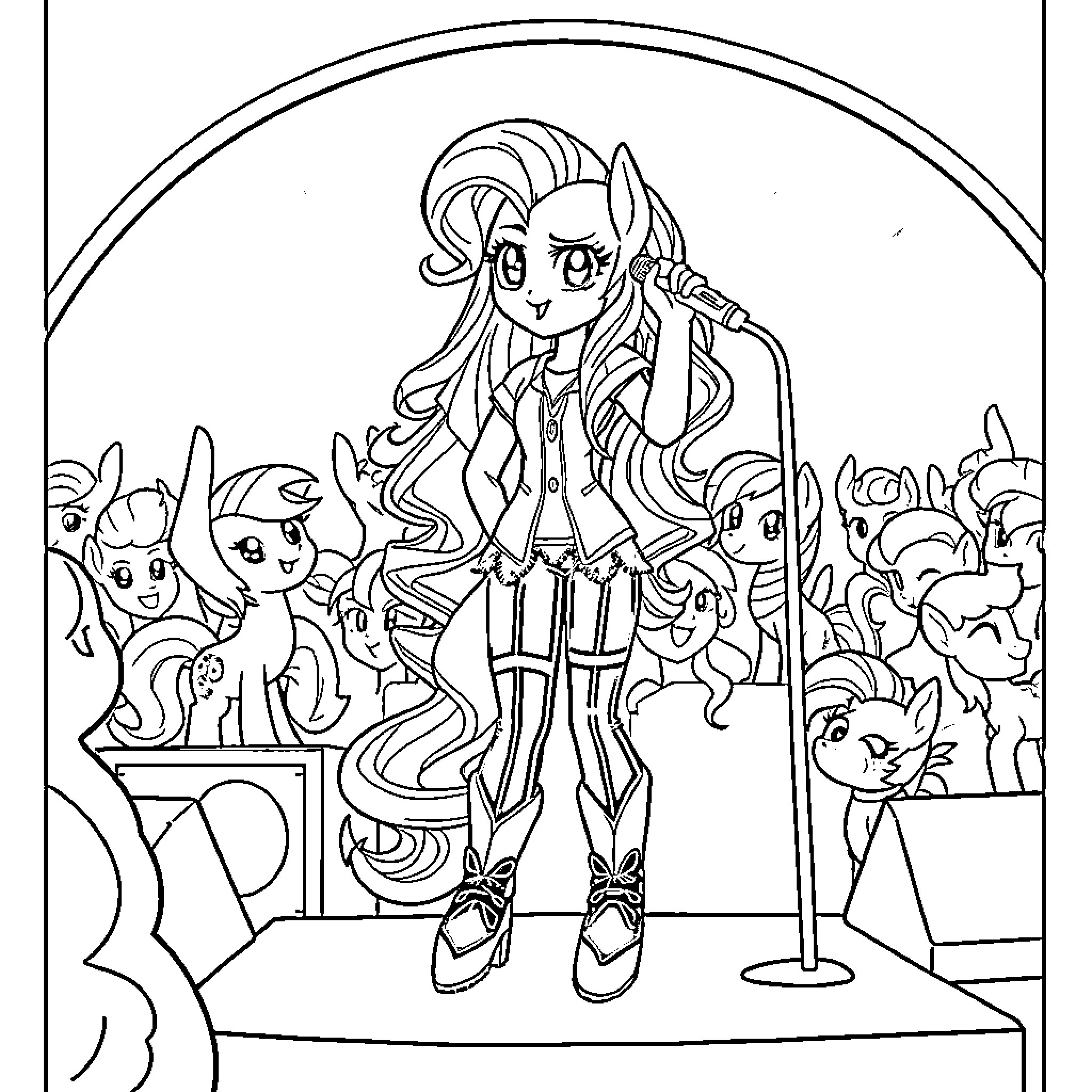 Rumi's Enchanting Musical Performance with Friends Coloring Page (free black-and-white line drawing printable PDF for all, from beginners to advanced learners, including children, teens, adults, and seniors)