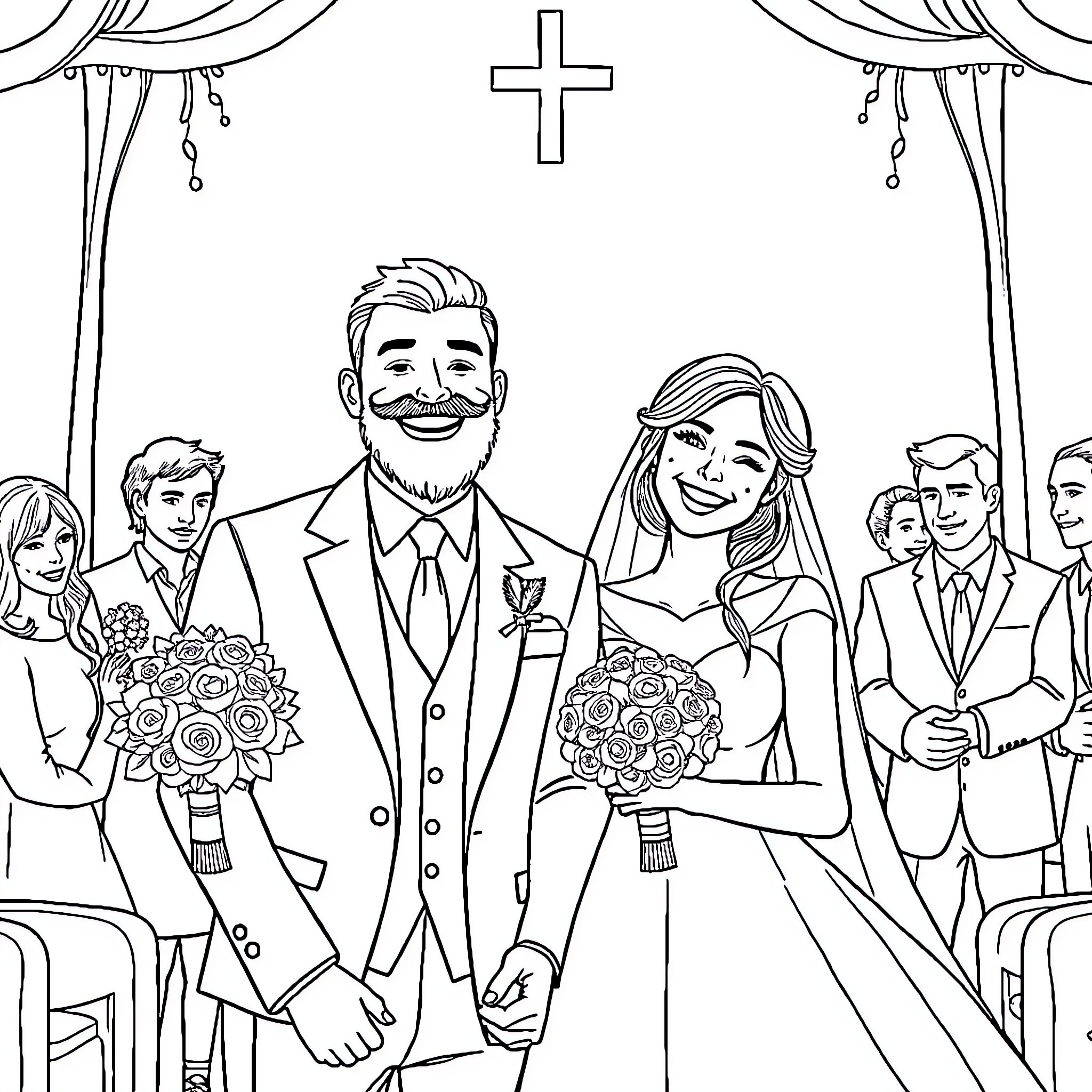 Bearded Person Celebrating Wedding Ceremony with Family Coloring Page (free black-and-white line drawing printable PDF for all, from beginners to advanced learners, including children, teens, adults, and seniors)