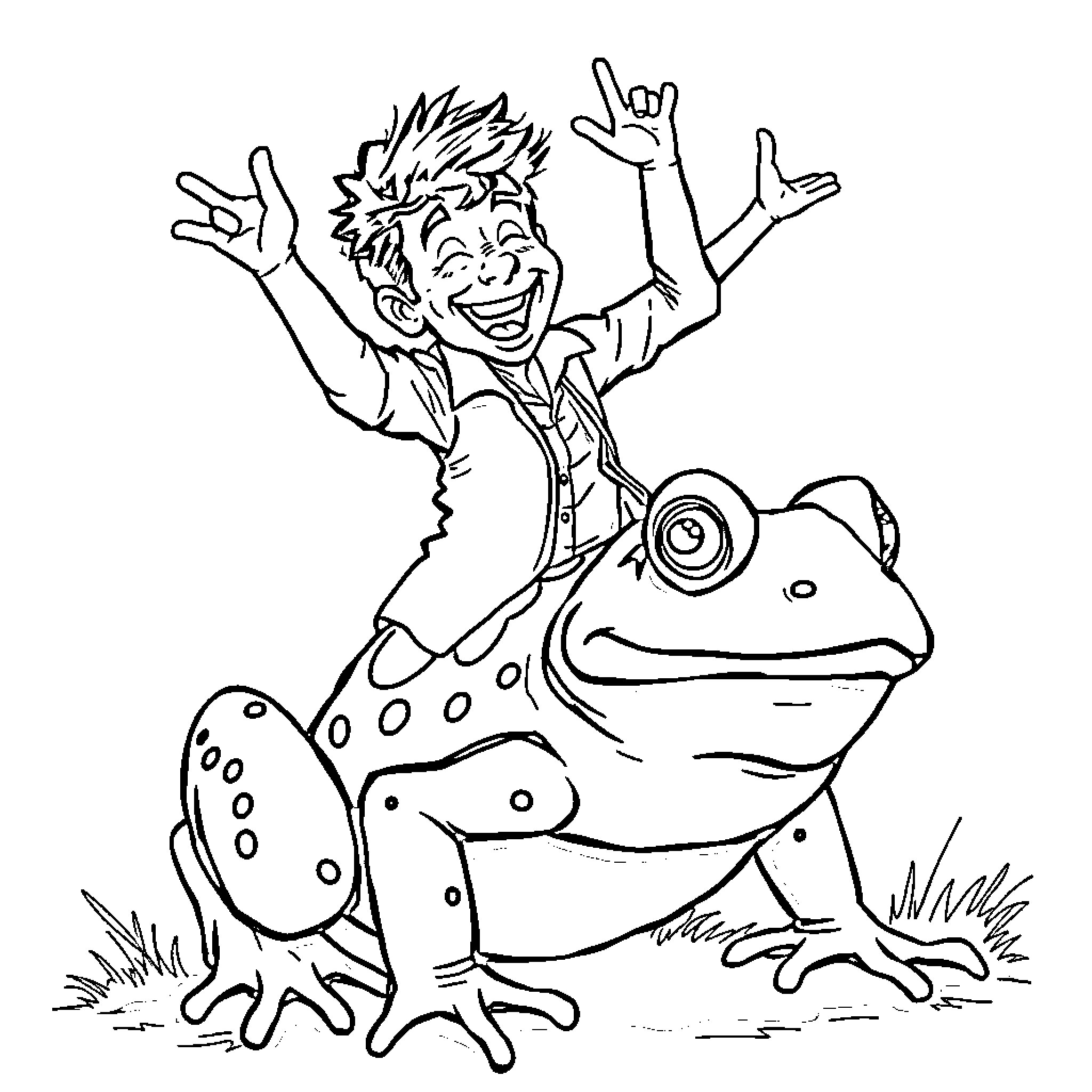 Cliff Richard's joyful dance with spotted frog Coloring Page (free black-and-white line drawing printable PDF for all, from beginners to advanced learners, including children, teens, adults, and seniors)