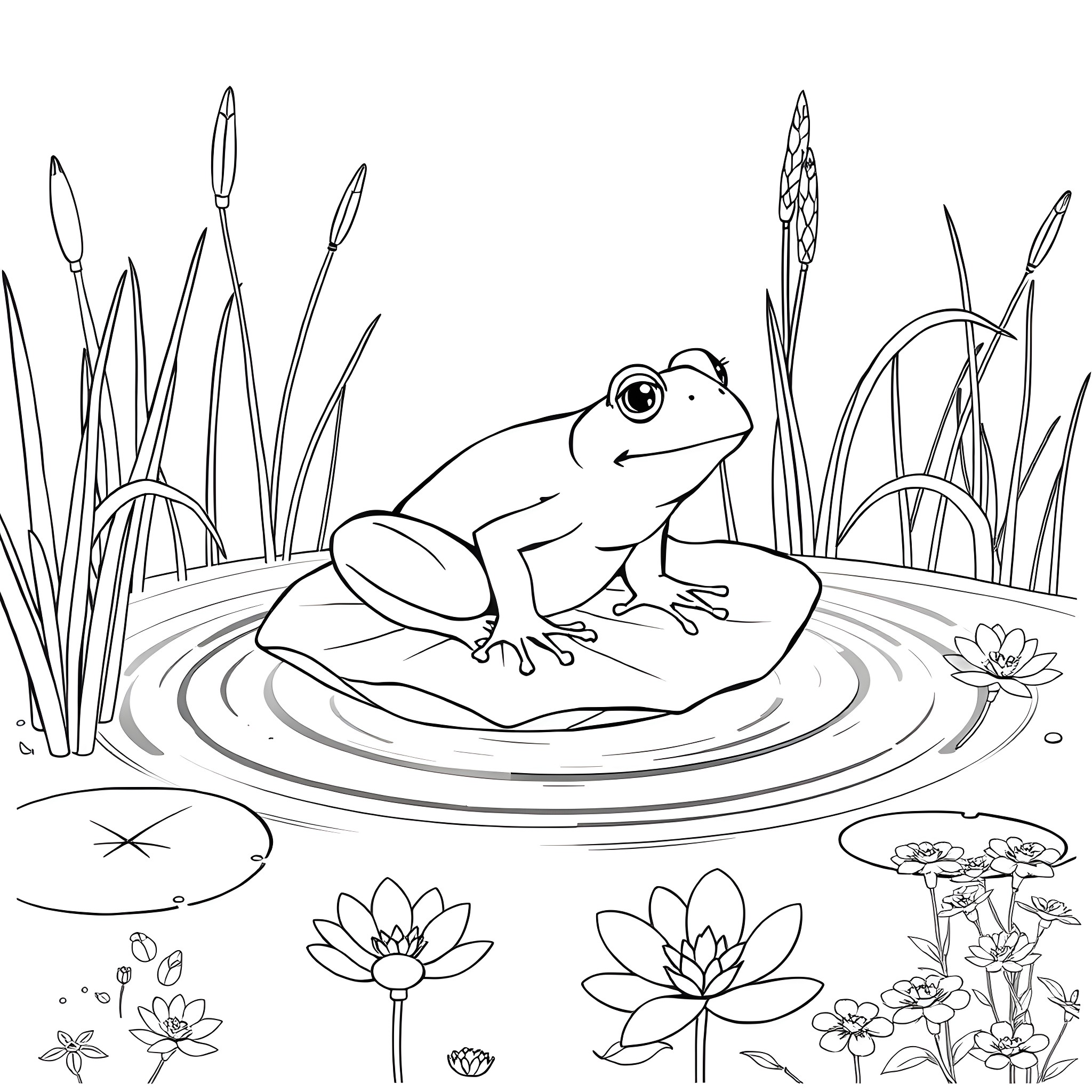 Frog resting on a lily pad in the pond Coloring Page (free black-and-white line drawing printable PDF for all, from beginners to advanced learners, including children, teens, adults, and seniors)