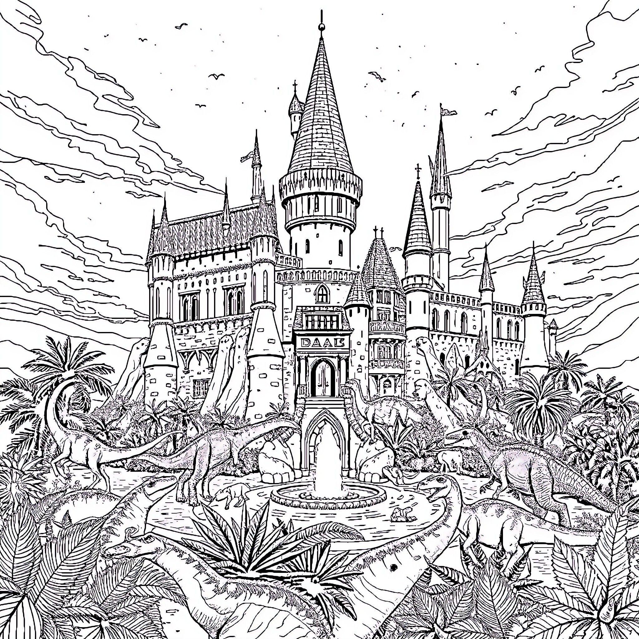 Château of Magical Wonders and Enchanting Landscapes Coloring Page (free black-and-white line drawing printable PDF for all, from beginners to advanced learners, including children, teens, adults, and seniors)