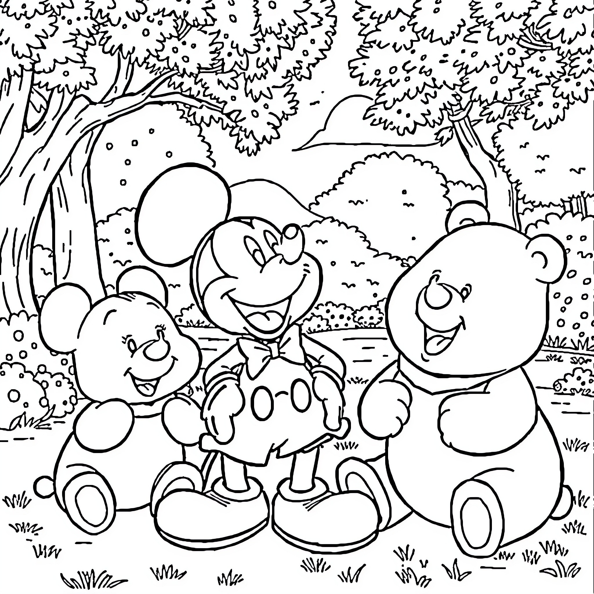 Mickey Mouse and Friends Enjoying the Outdoors Coloring Page (free black-and-white line drawing printable PDF for all, from beginners to advanced learners, including children, teens, adults, and seniors)