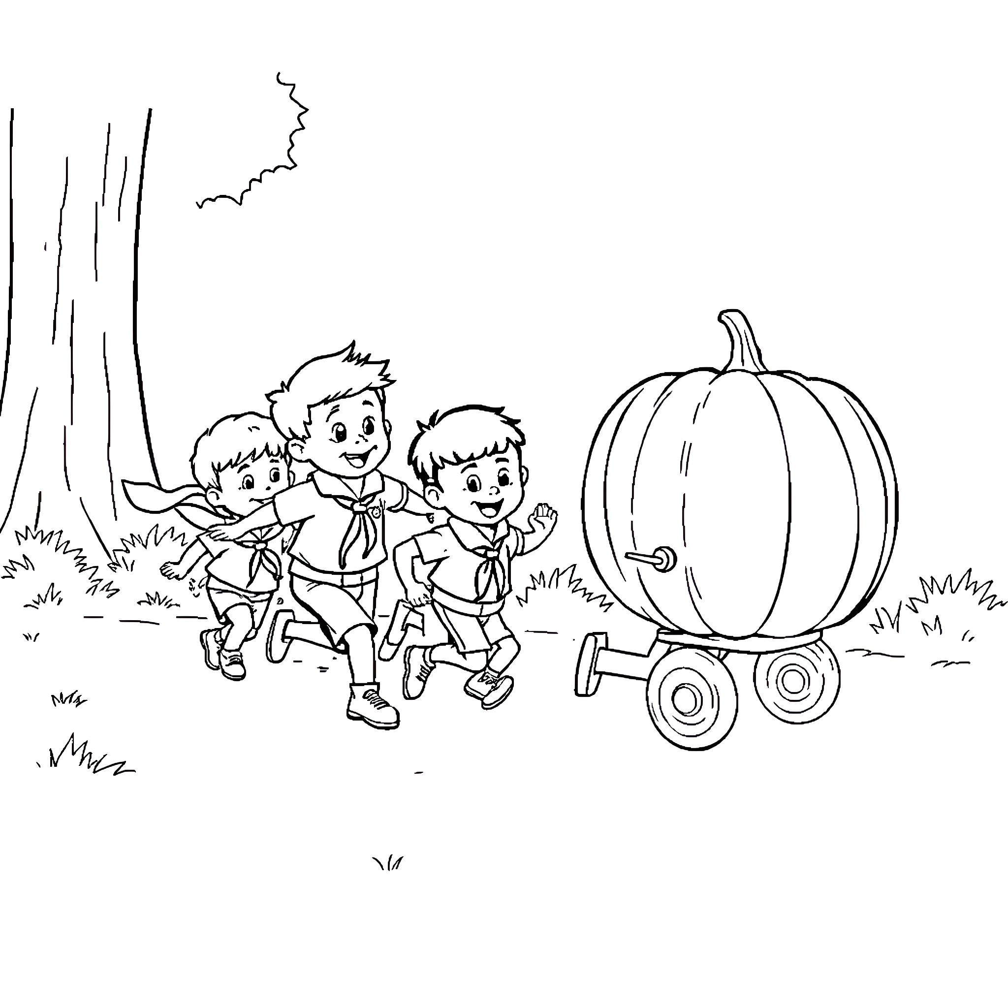Cub Scouts enjoying an autumn adventure Coloring Page (free black-and-white line drawing printable PDF for all, from beginners to advanced learners, including children, teens, adults, and seniors)
