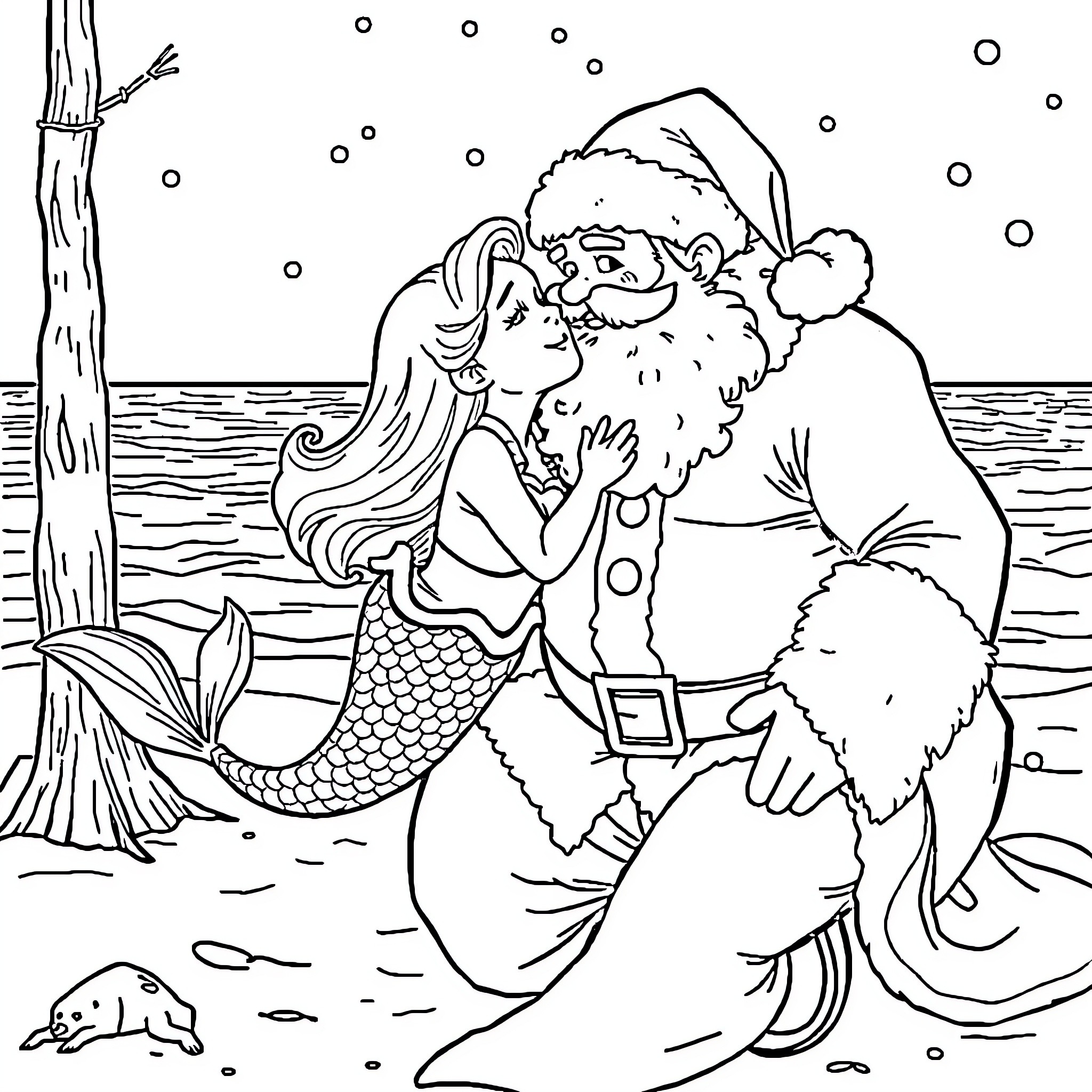 Mermaid embracing Santa Claus in snowy underwater scene Coloring Page (free black-and-white line drawing printable PDF for all, from beginners to advanced learners, including children, teens, adults, and seniors)