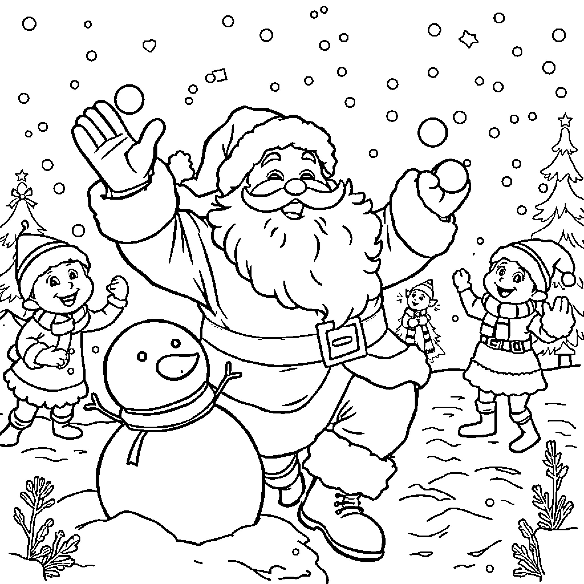 Santa spreading holiday cheer with snowman and elves Coloring Page (free black-and-white line drawing printable PDF for all, from beginners to advanced learners, including children, teens, adults, and seniors)
