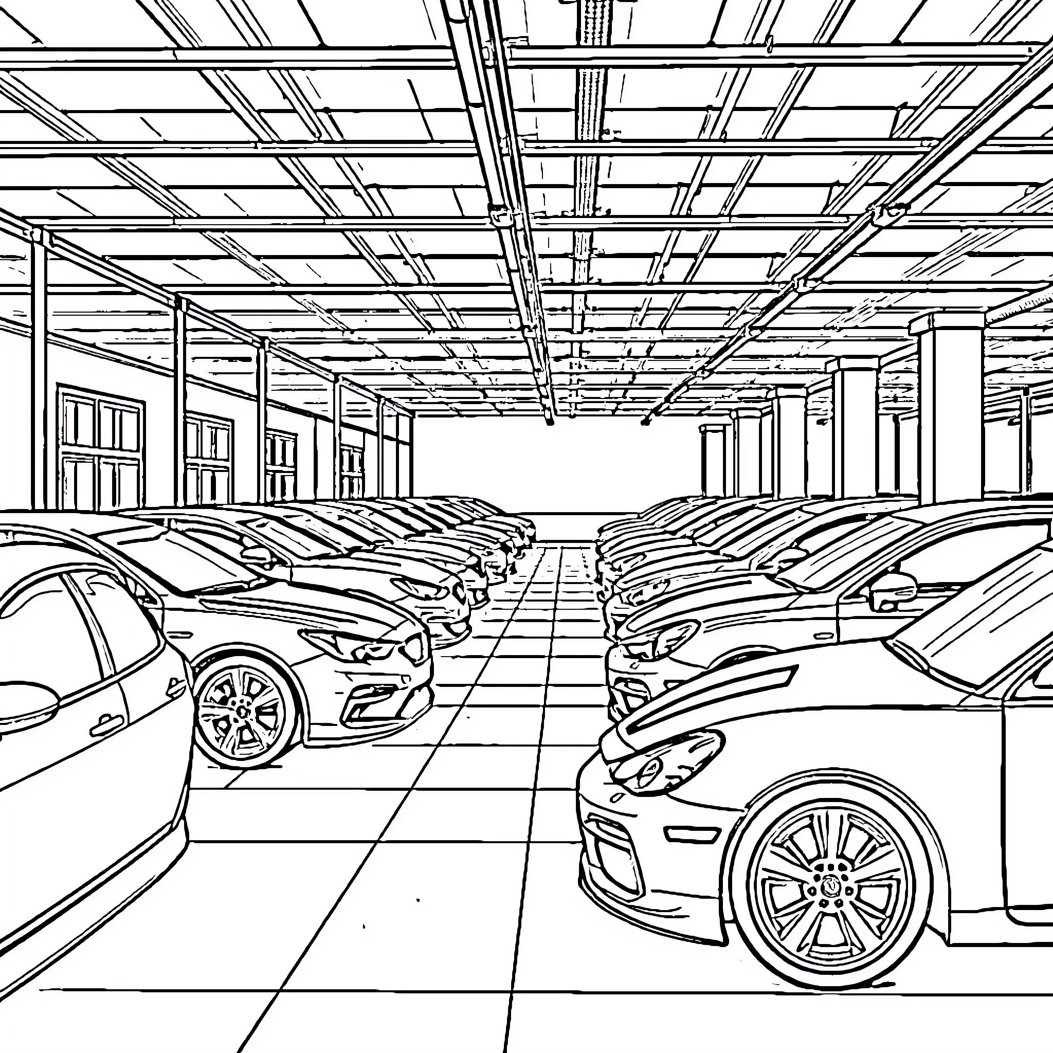 Car dealership with various vehicle models Coloring Page (free black-and-white line drawing printable PDF for all, from beginners to advanced learners, including children, teens, adults, and seniors)