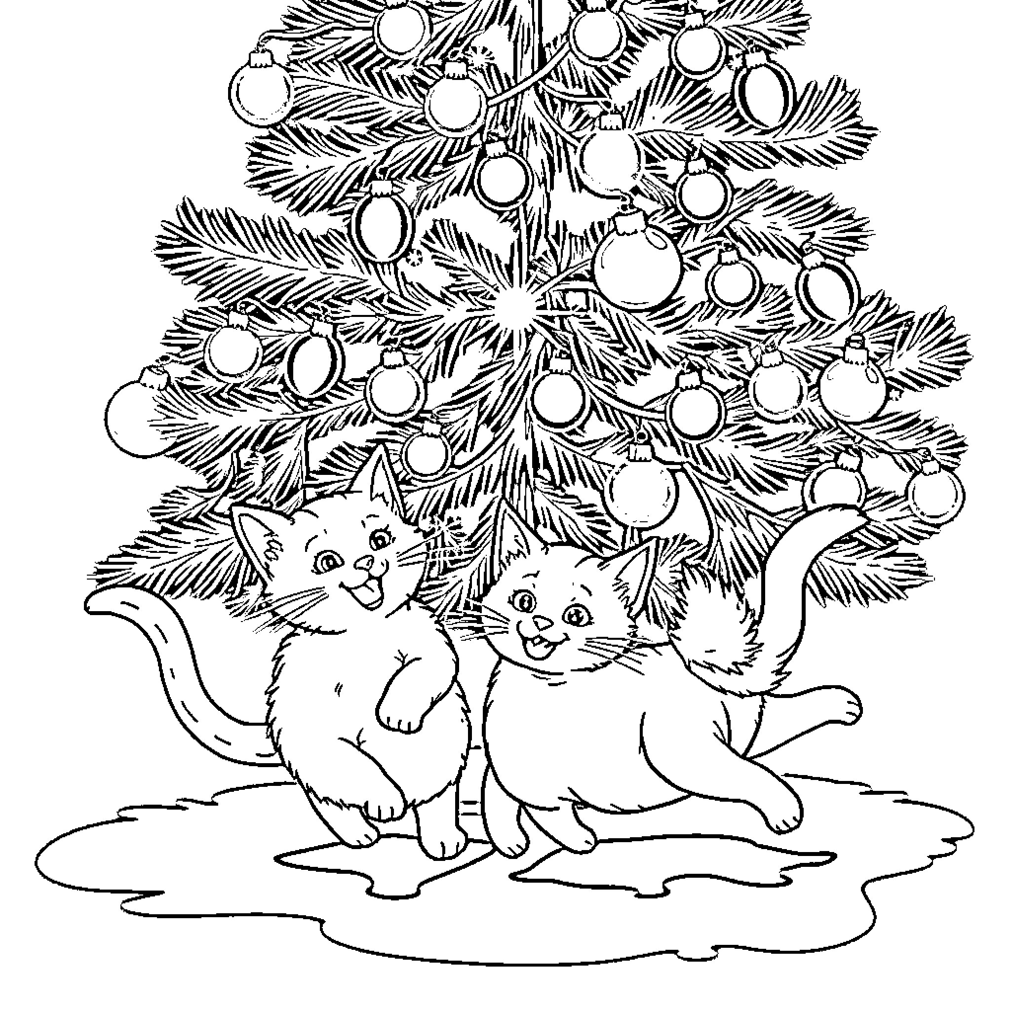 Cats playing under the Christmas tree Coloring Page (free black-and-white line drawing printable PDF for all, from beginners to advanced learners, including children, teens, adults, and seniors)