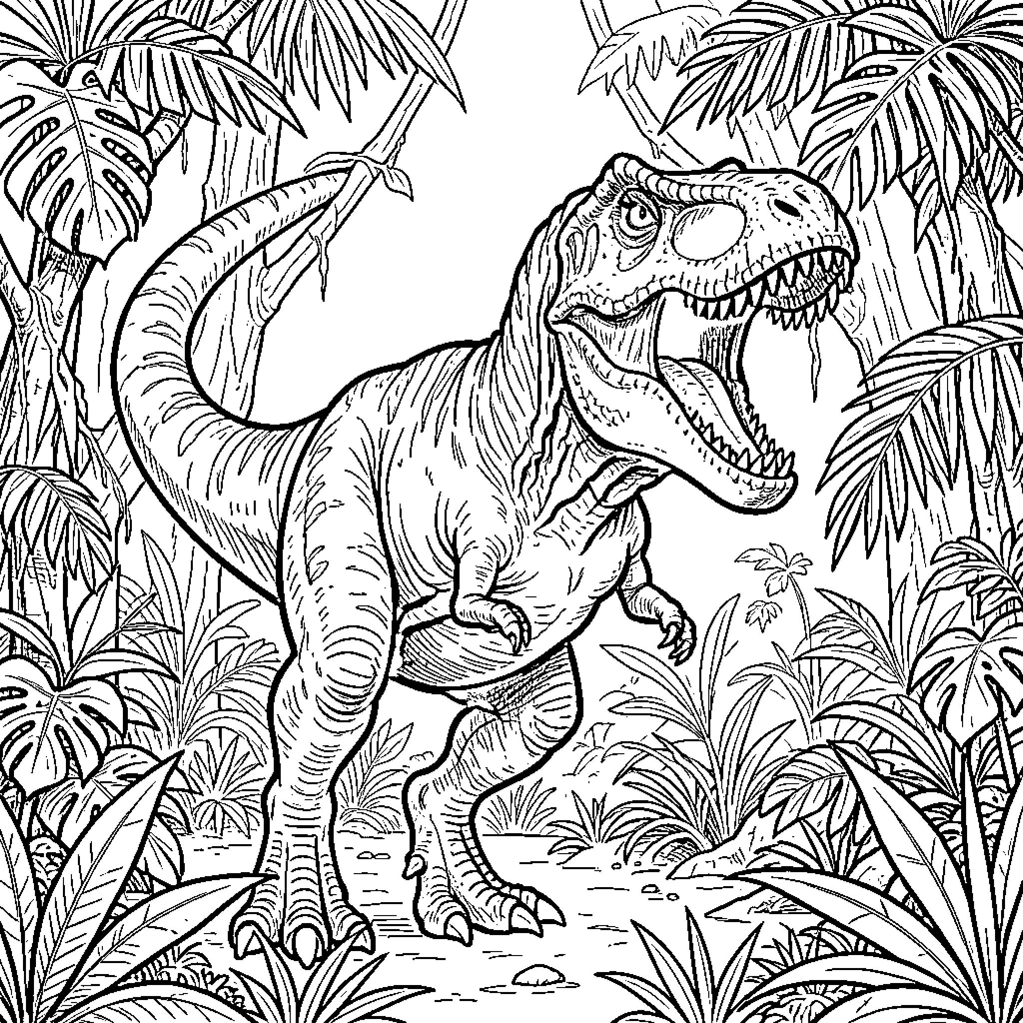 Tyrannosaurus Rex roaming through the jungle Coloring Page (free black-and-white line drawing printable PDF for all, from beginners to advanced learners, including children, teens, adults, and seniors)