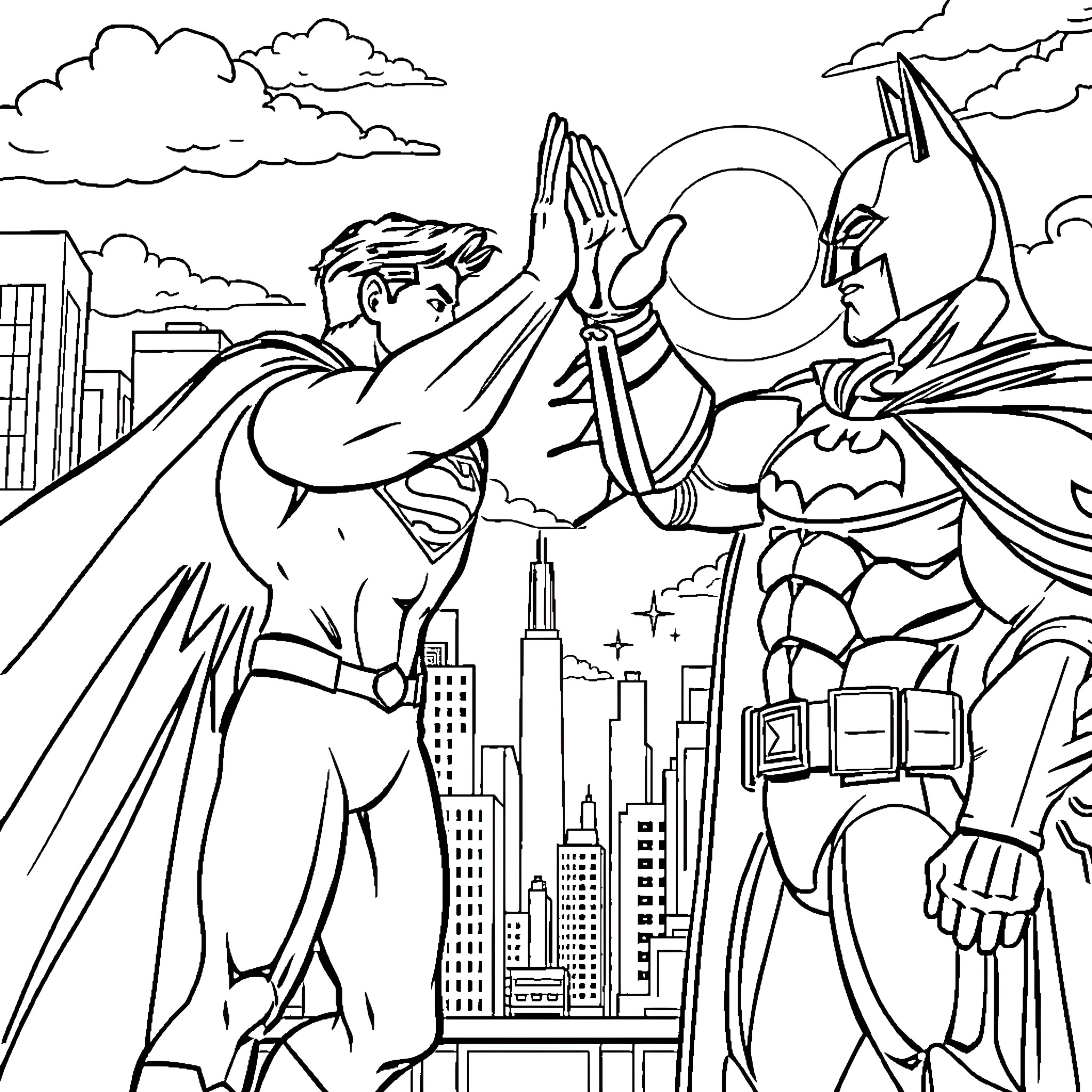 Superman and Batman team up to save the city Coloring Page (free black-and-white line drawing printable PDF for all, from beginners to advanced learners, including children, teens, adults, and seniors)