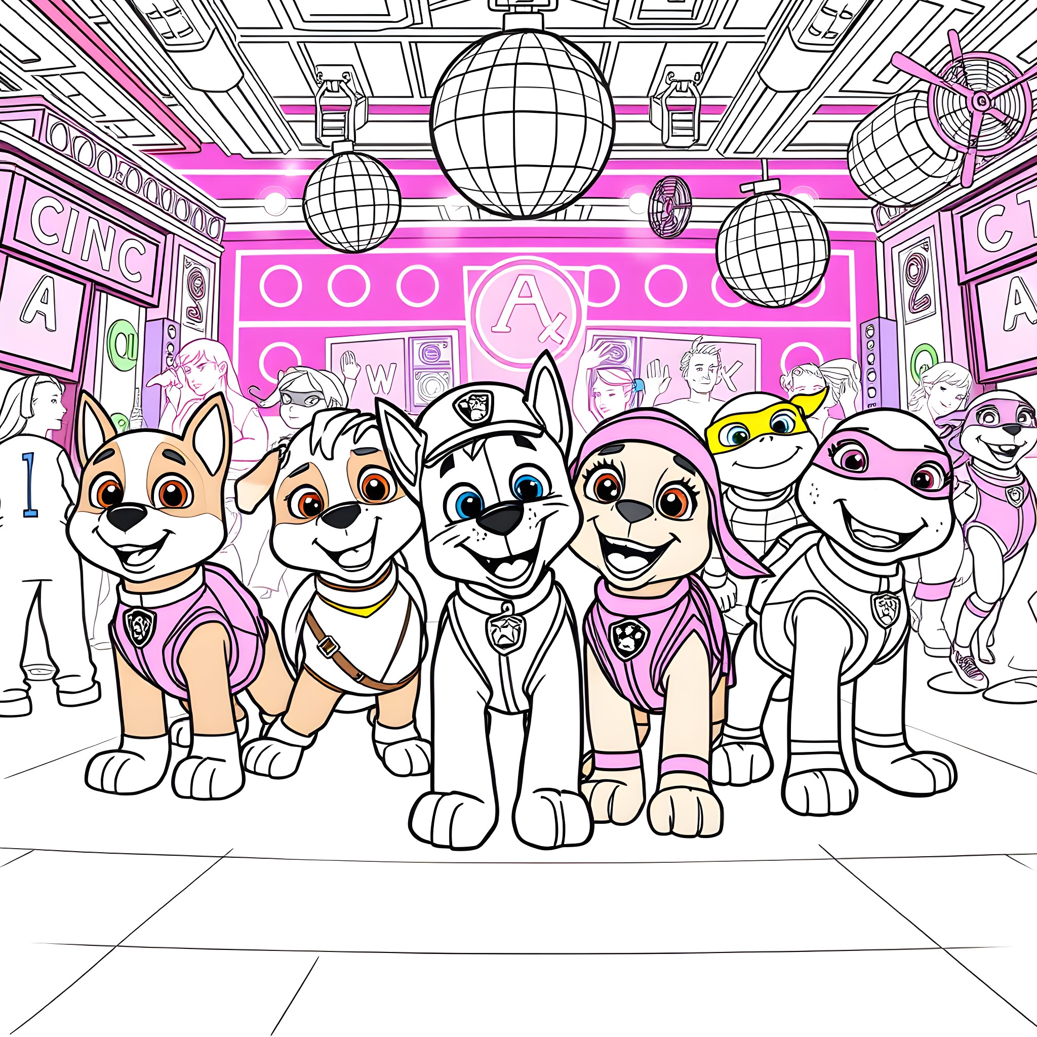Paw Patrol team on stage with disco balls Coloring Page (free black-and-white line drawing printable PDF for all, from beginners to advanced learners, including children, teens, adults, and seniors)
