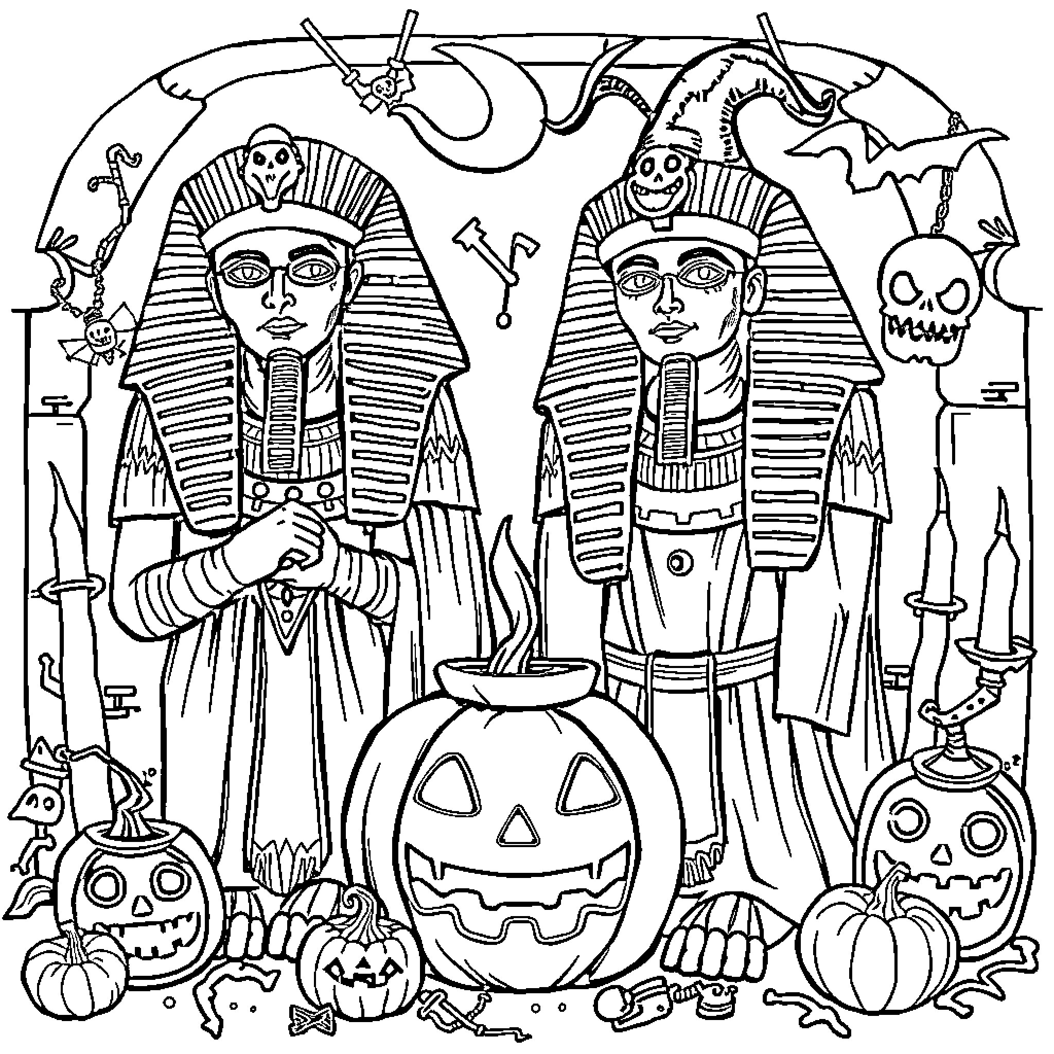 Pharaoh's Halloween Celebration with Spooky Decorations Coloring Page (free black-and-white line drawing printable PDF for all, from beginners to advanced learners, including children, teens, adults, and seniors)