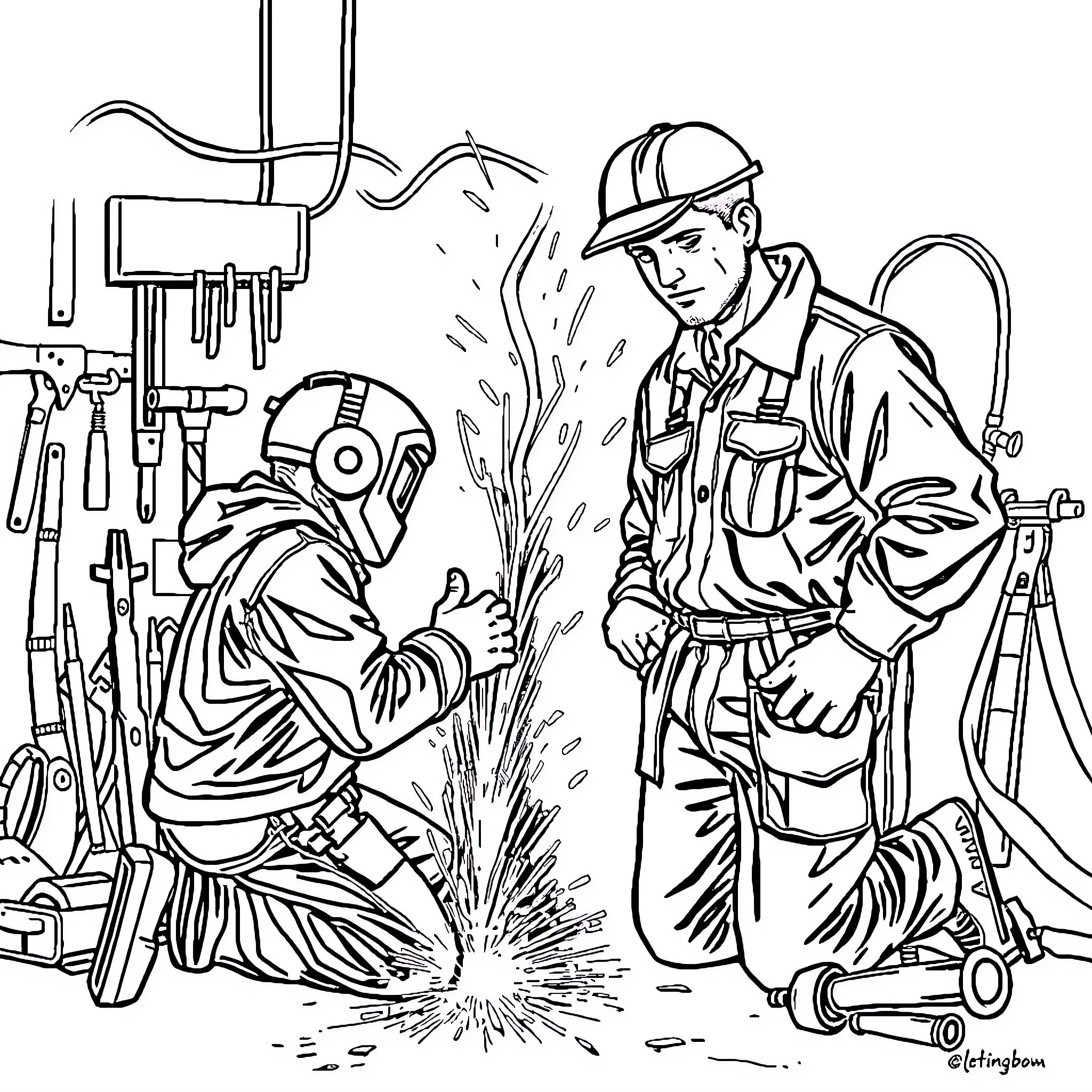 Welder at work with coworker Coloring Page (free black-and-white line drawing printable PDF for all, from beginners to advanced learners, including children, teens, adults, and seniors)
