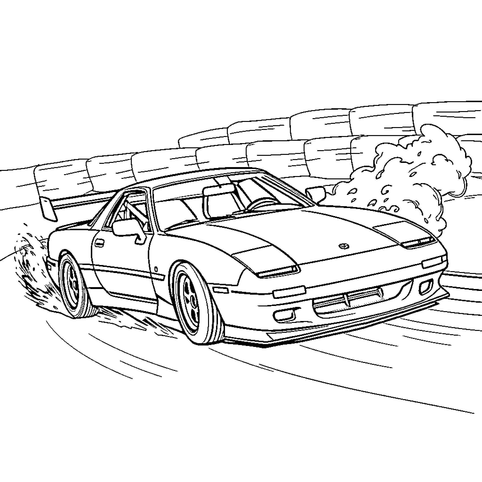 Mazda Rx7 racing on the track Coloring Page (free black-and-white line drawing printable PDF for all, from beginners to advanced learners, including children, teens, adults, and seniors)