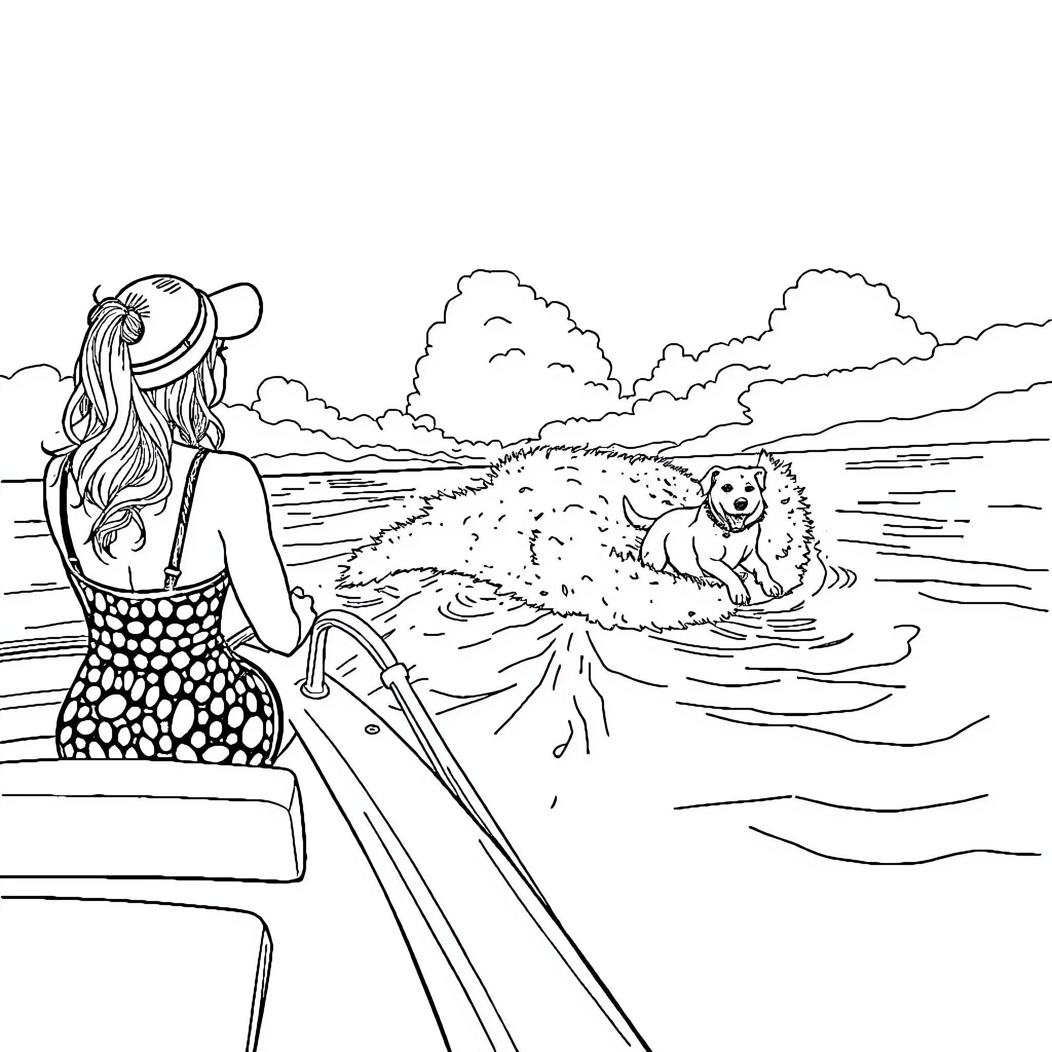 Dog playing in the waves with a woman on the beach Coloring Page (free black-and-white line drawing printable PDF for all, from beginners to advanced learners, including children, teens, adults, and seniors)