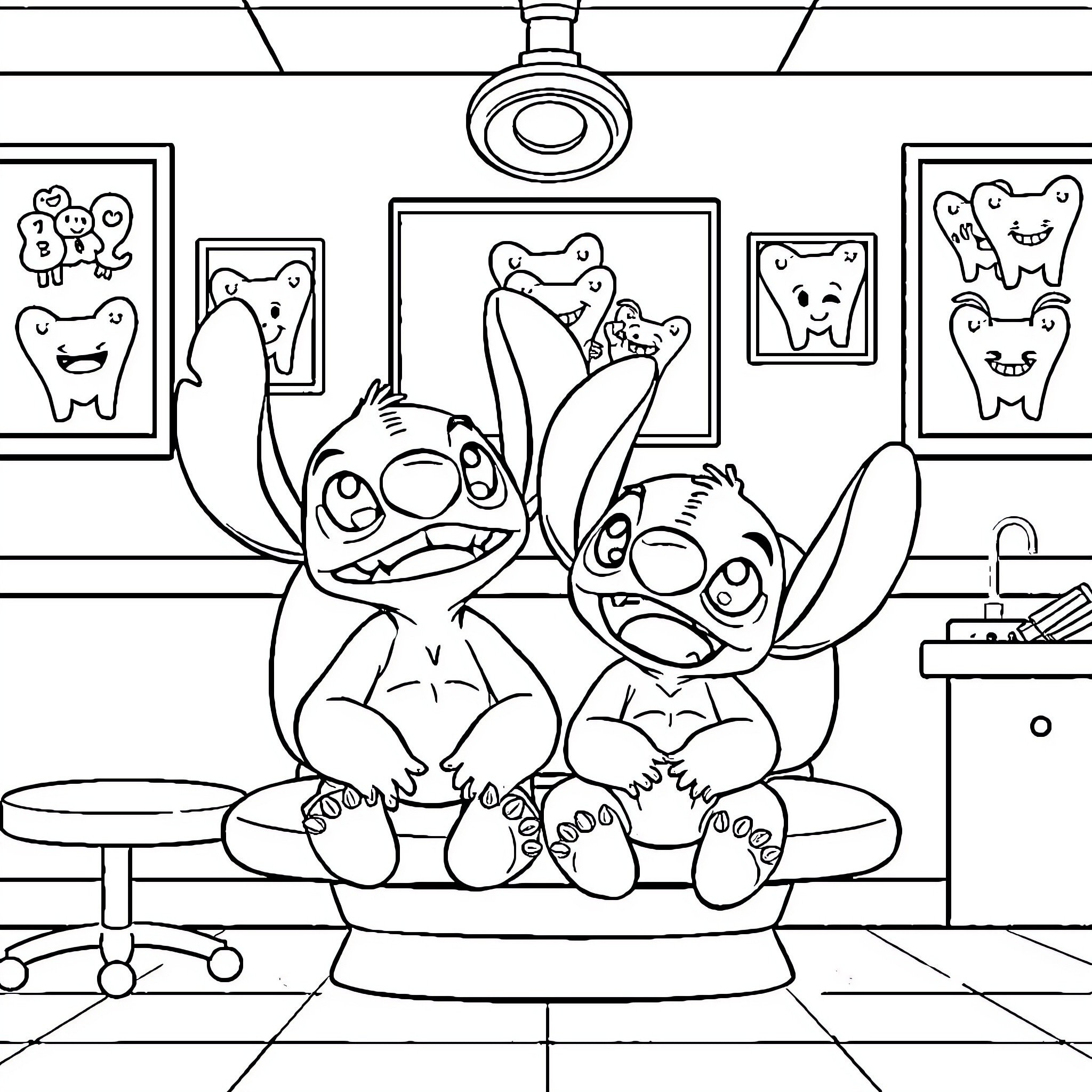 Lilo and Stitch enjoying a playful moment Coloring Page (free black-and-white line drawing printable PDF for all, from beginners to advanced learners, including children, teens, adults, and seniors)