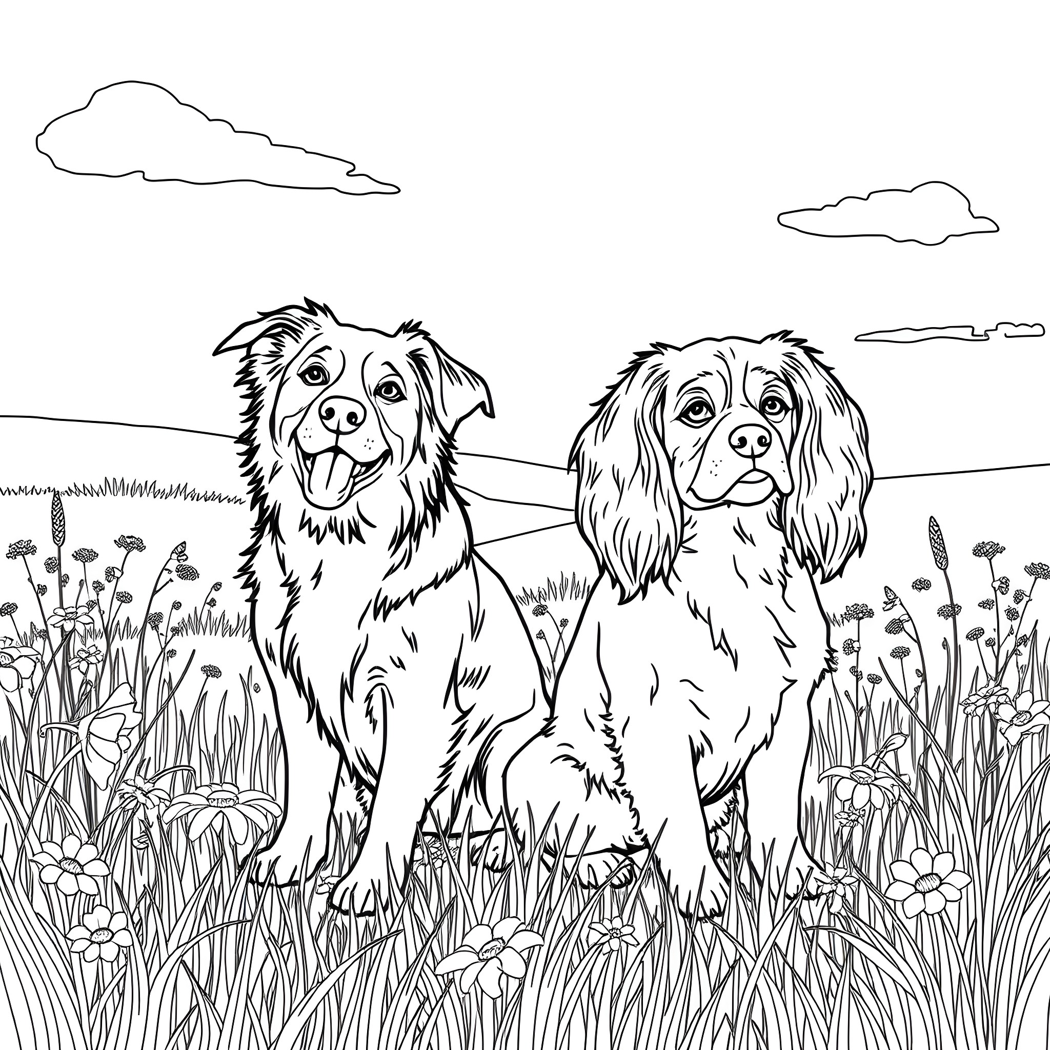 Dog companions enjoying a day outdoors Coloring Page (free black-and-white line drawing printable PDF for all, from beginners to advanced learners, including children, teens, adults, and seniors)