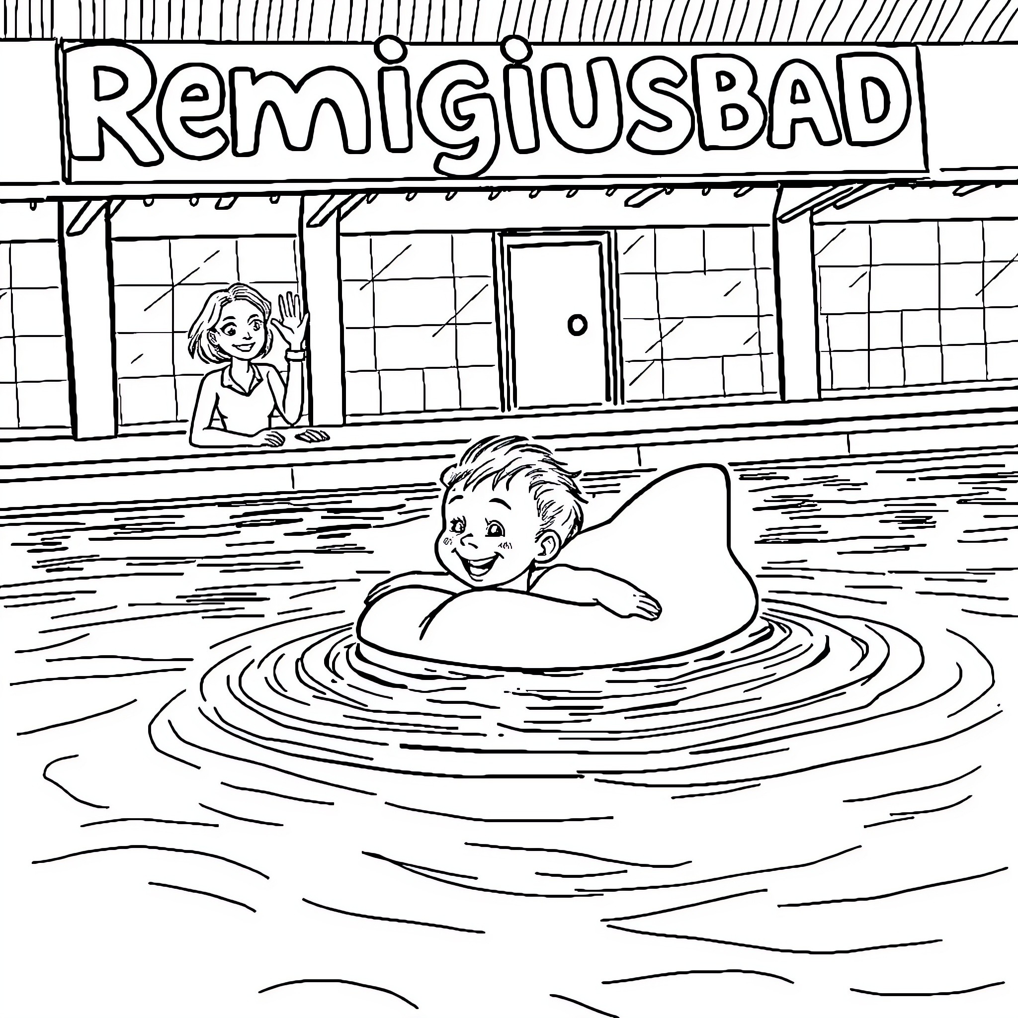 Child playing happily in the pool at Remigius Bad Coloring Page (free black-and-white line drawing printable PDF for all, from beginners to advanced learners, including children, teens, adults, and seniors)