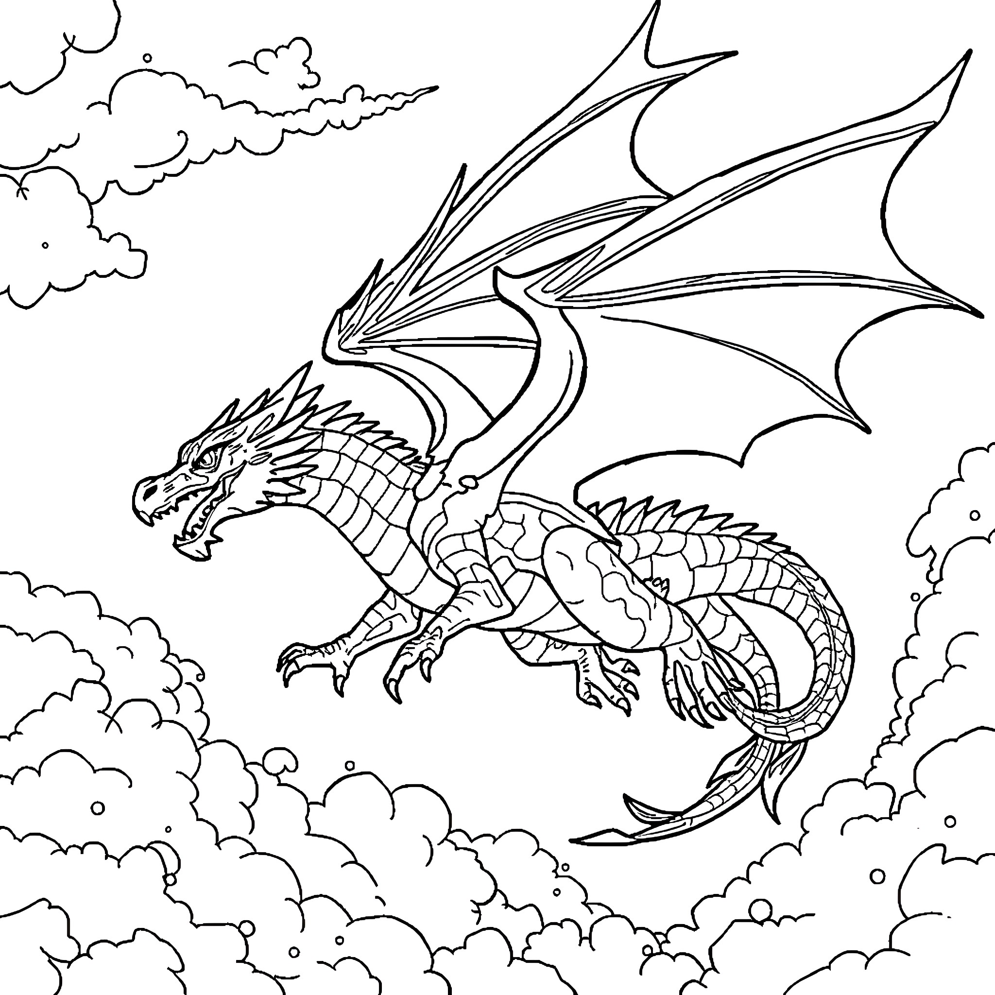 Dragon soaring through cloudy skies Coloring Page (free black-and-white line drawing printable PDF for all, from beginners to advanced learners, including children, teens, adults, and seniors)