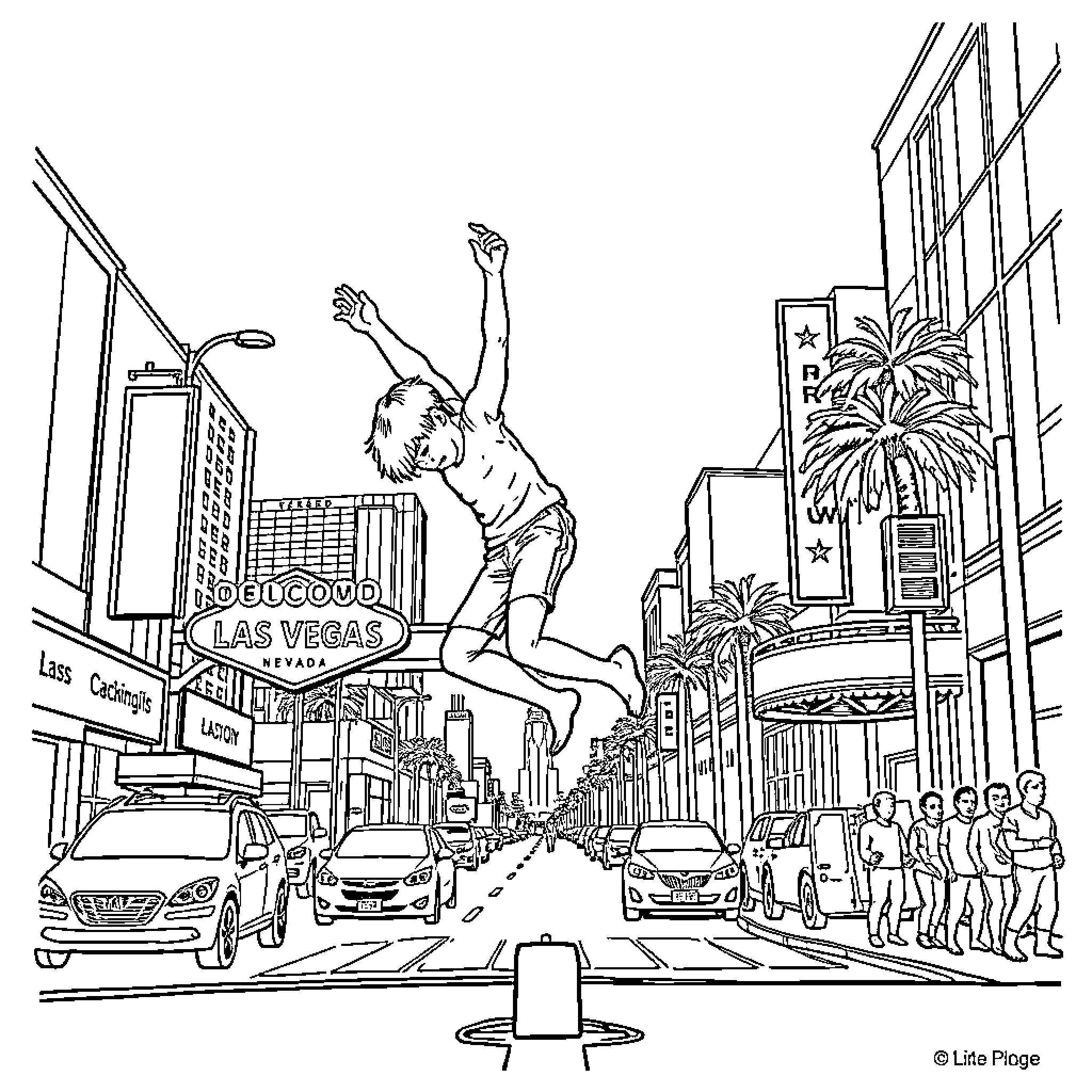 Gymnast performing acrobatic jump in bustling city Coloring Page (free black-and-white line drawing printable PDF for all, from beginners to advanced learners, including children, teens, adults, and seniors)