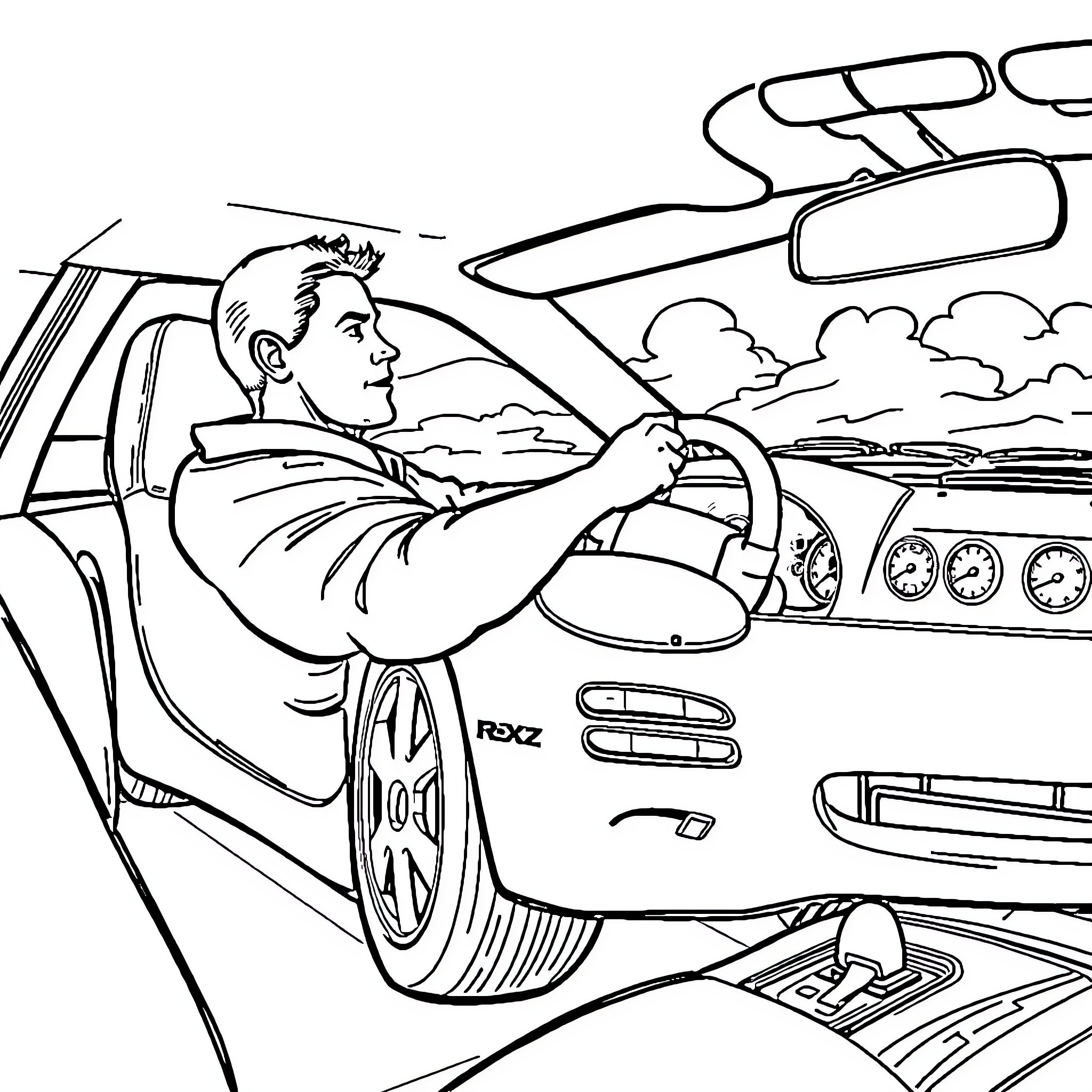 Rx7 driver cruising down the road Coloring Page (free black-and-white line drawing printable PDF for all, from beginners to advanced learners, including children, teens, adults, and seniors)
