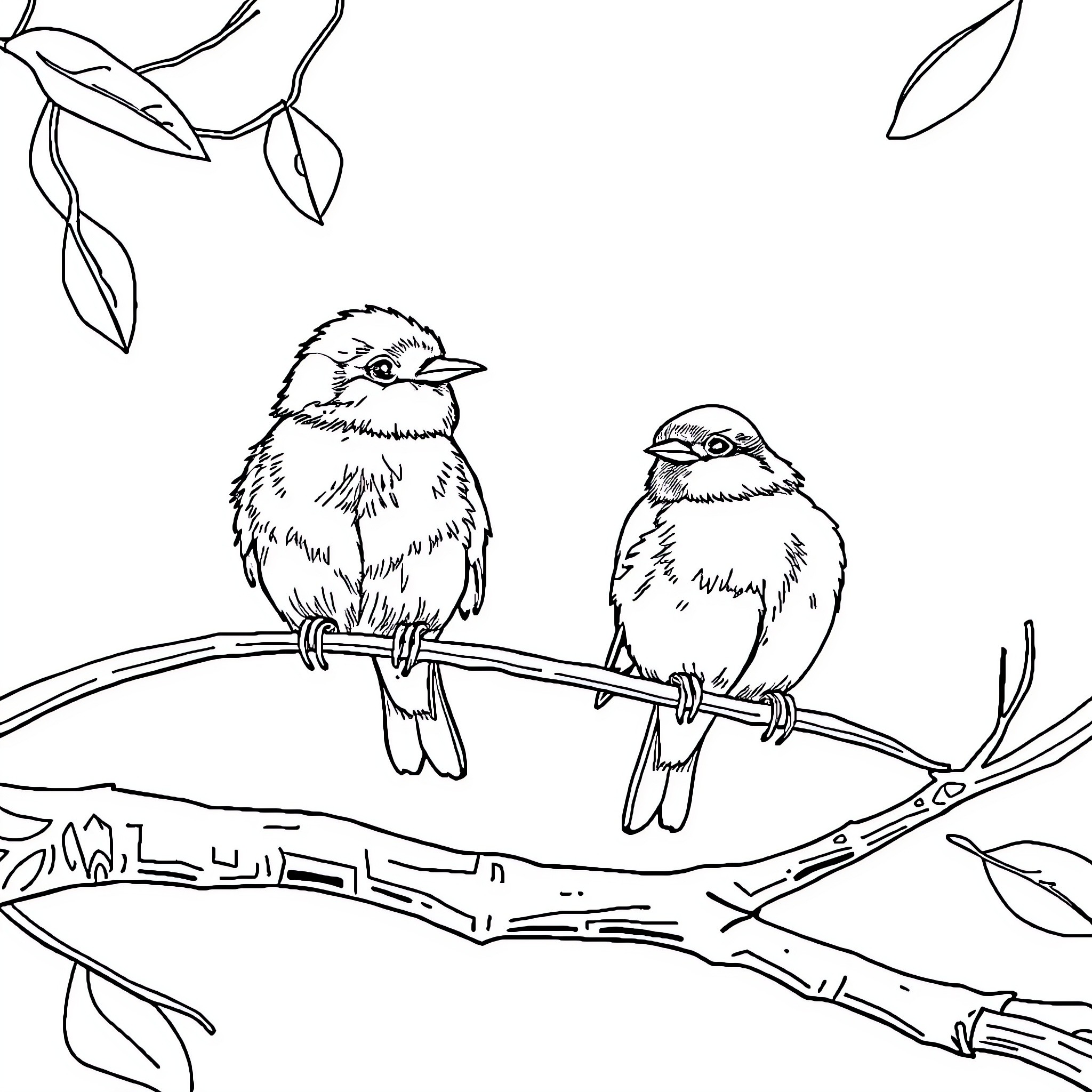 Tiny birds perched on branch Coloring Page (free black-and-white line drawing printable PDF for all, from beginners to advanced learners, including children, teens, adults, and seniors)