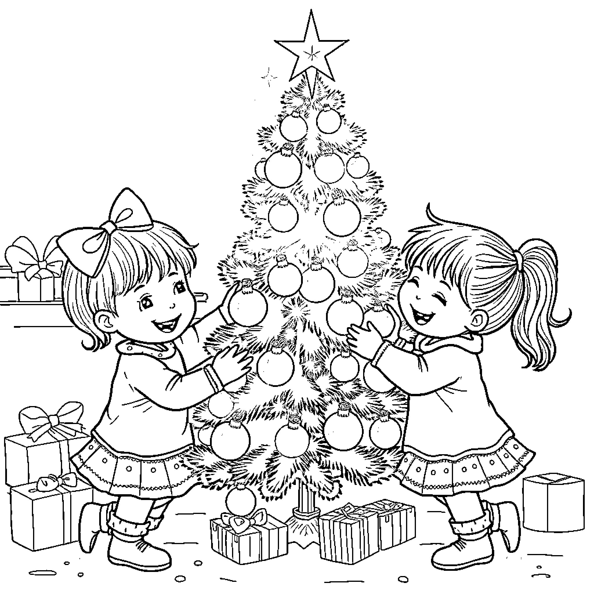 Twin girls decorating Christmas tree together Coloring Page (free black-and-white line drawing printable PDF for all, from beginners to advanced learners, including children, teens, adults, and seniors)