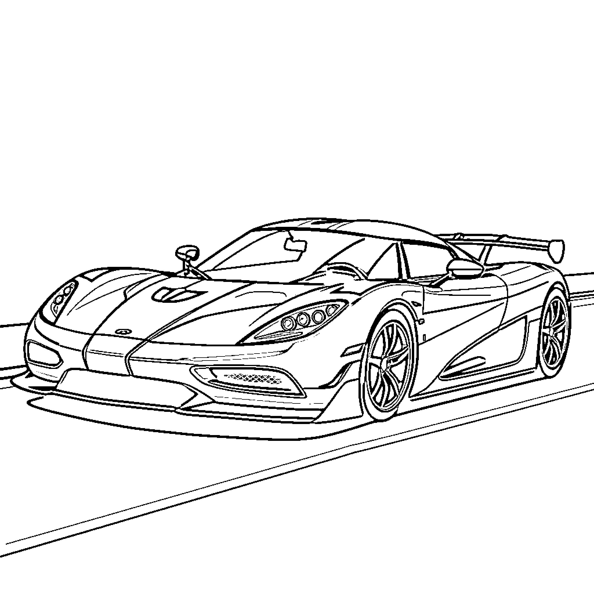 Koenigsegg supercar racing on the track Coloring Page (free black-and-white line drawing printable PDF for all, from beginners to advanced learners, including children, teens, adults, and seniors)