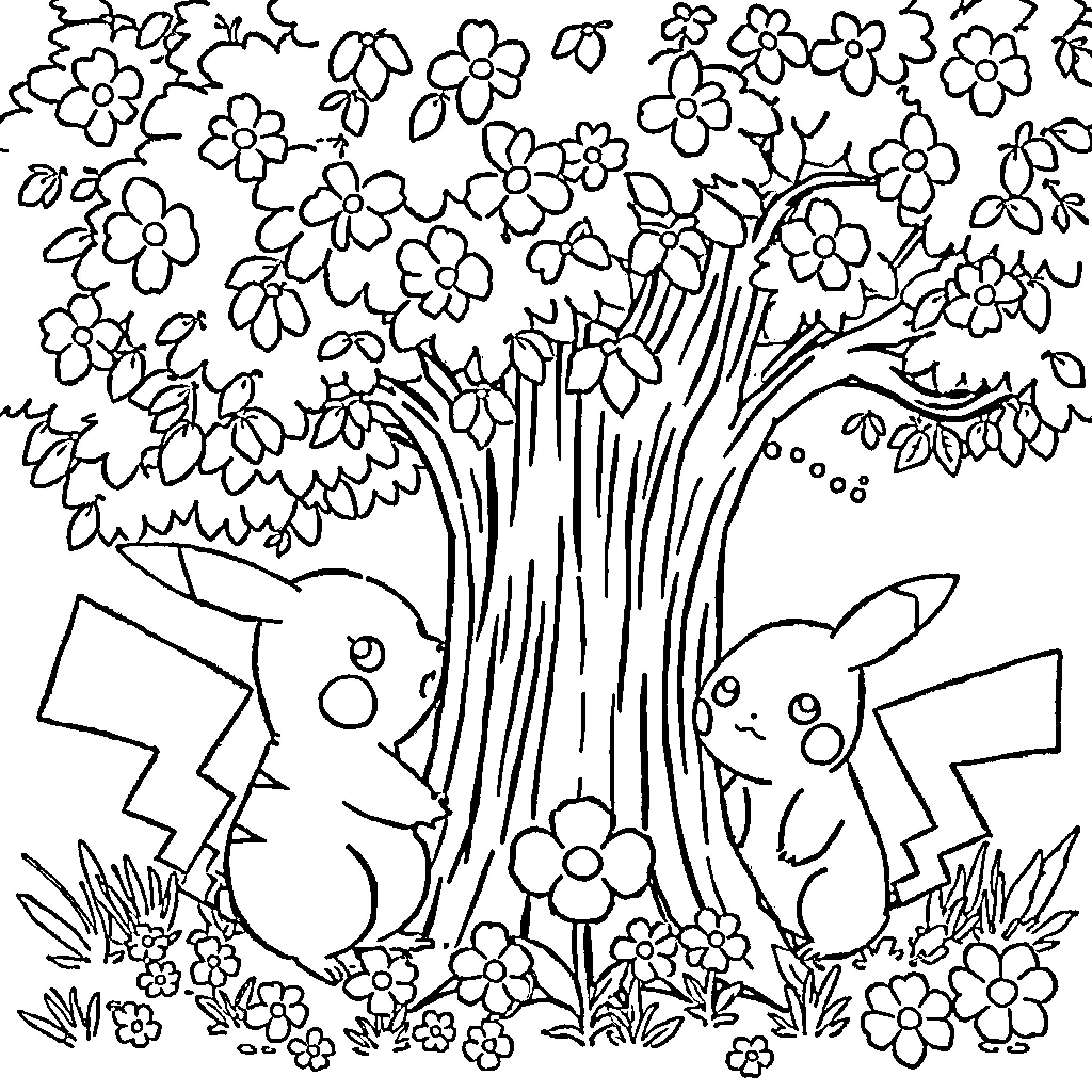 Pikachu enjoying a flower-filled forest Coloring Page (free black-and-white line drawing printable PDF for all, from beginners to advanced learners, including children, teens, adults, and seniors)