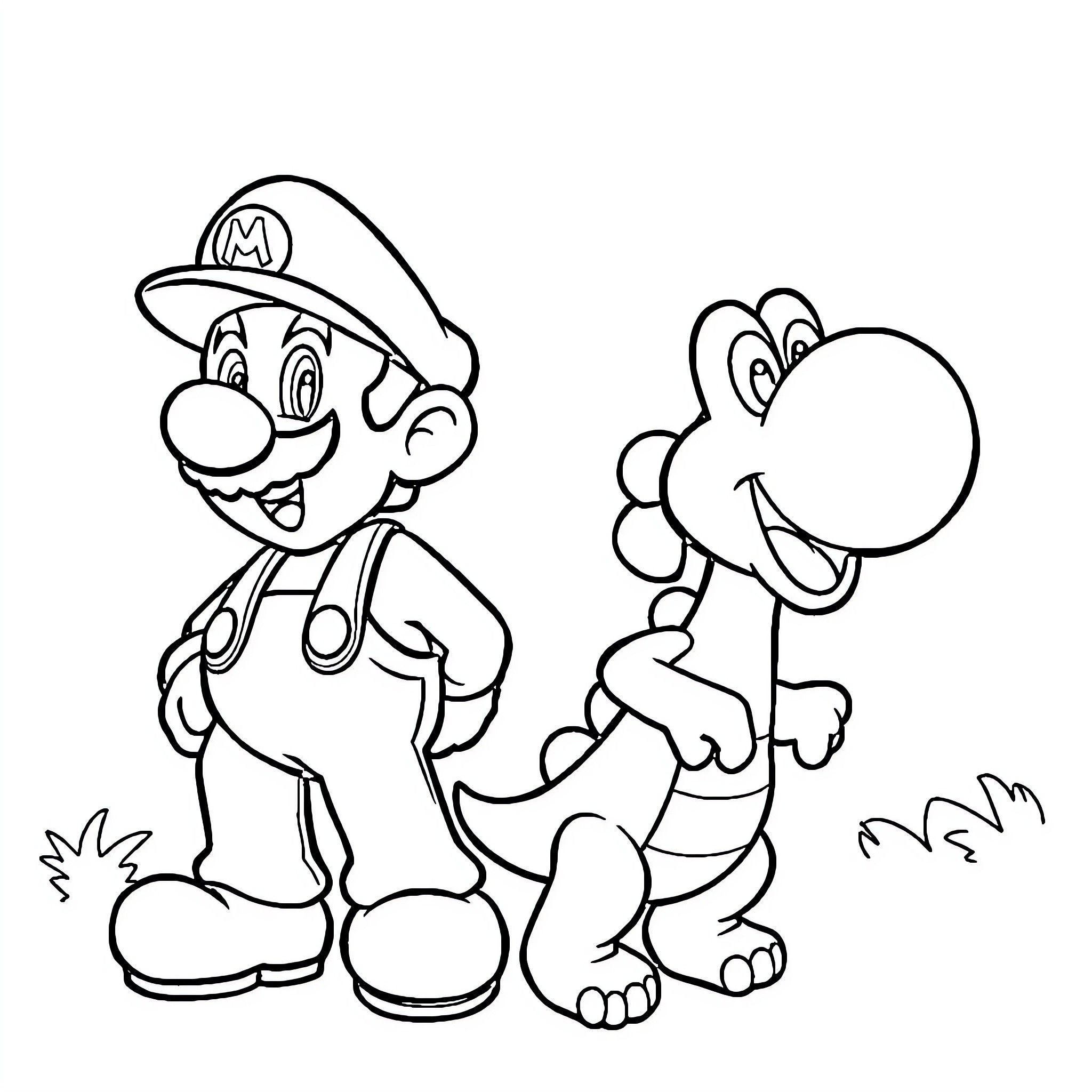 Mario and Yoshi exploring the outdoors Coloring Page (free black-and-white line drawing printable PDF for all, from beginners to advanced learners, including children, teens, adults, and seniors)