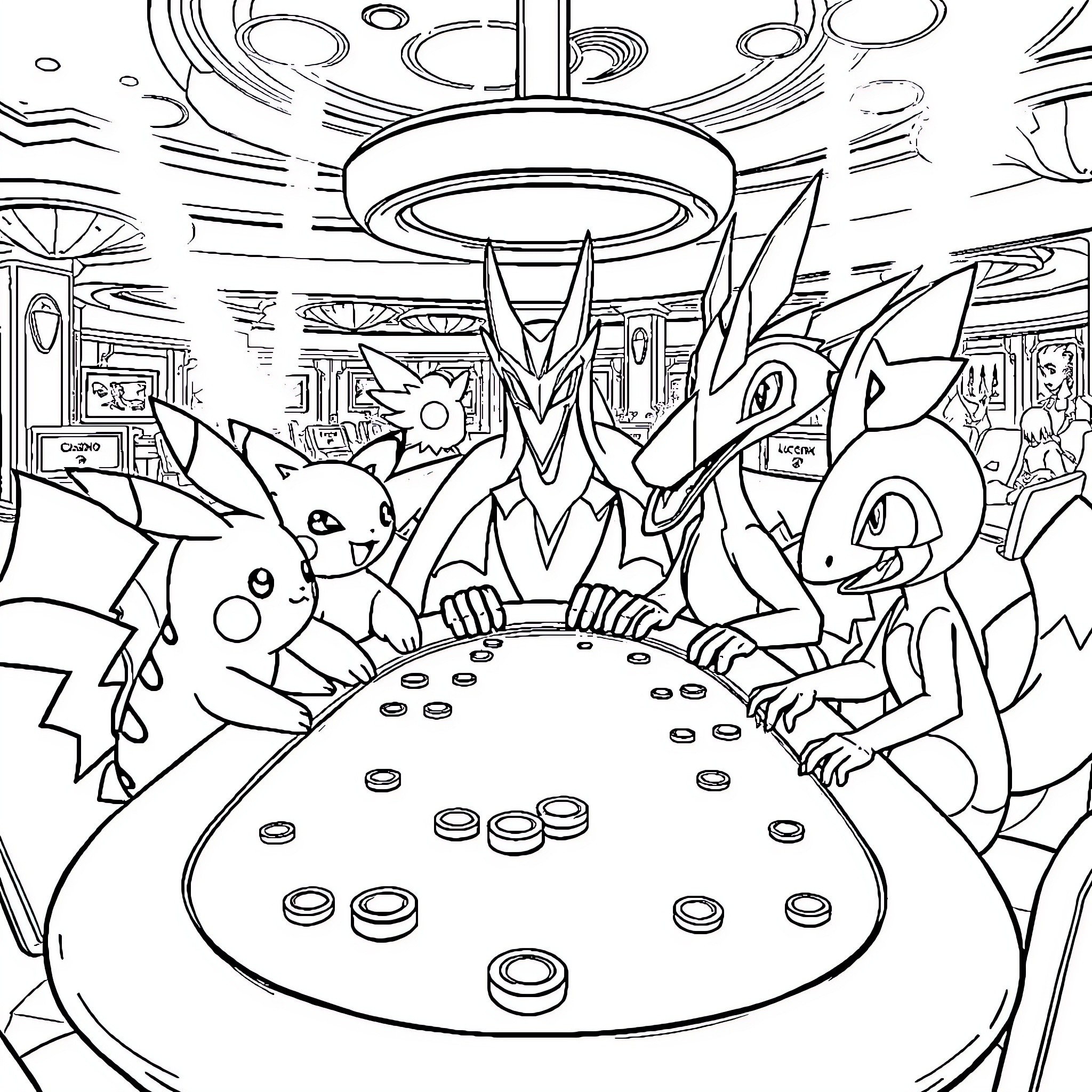 Pikachu and Pokemon friends playing in a fantastical world Coloring Page (free black-and-white line drawing printable PDF for all, from beginners to advanced learners, including children, teens, adults, and seniors)
