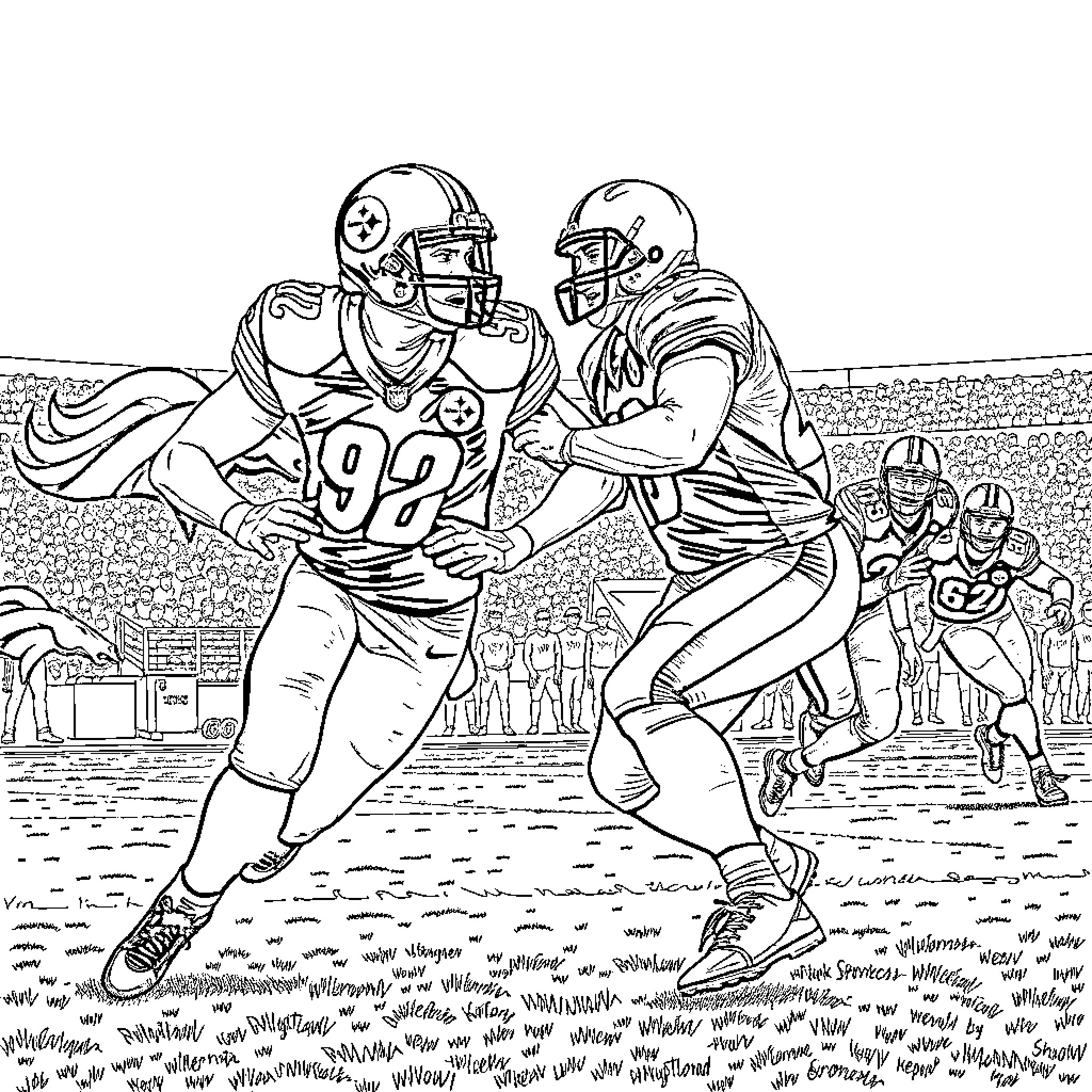 Football Players Competing on the Field Coloring Page (free black-and-white line drawing printable PDF for all, from beginners to advanced learners, including children, teens, adults, and seniors)