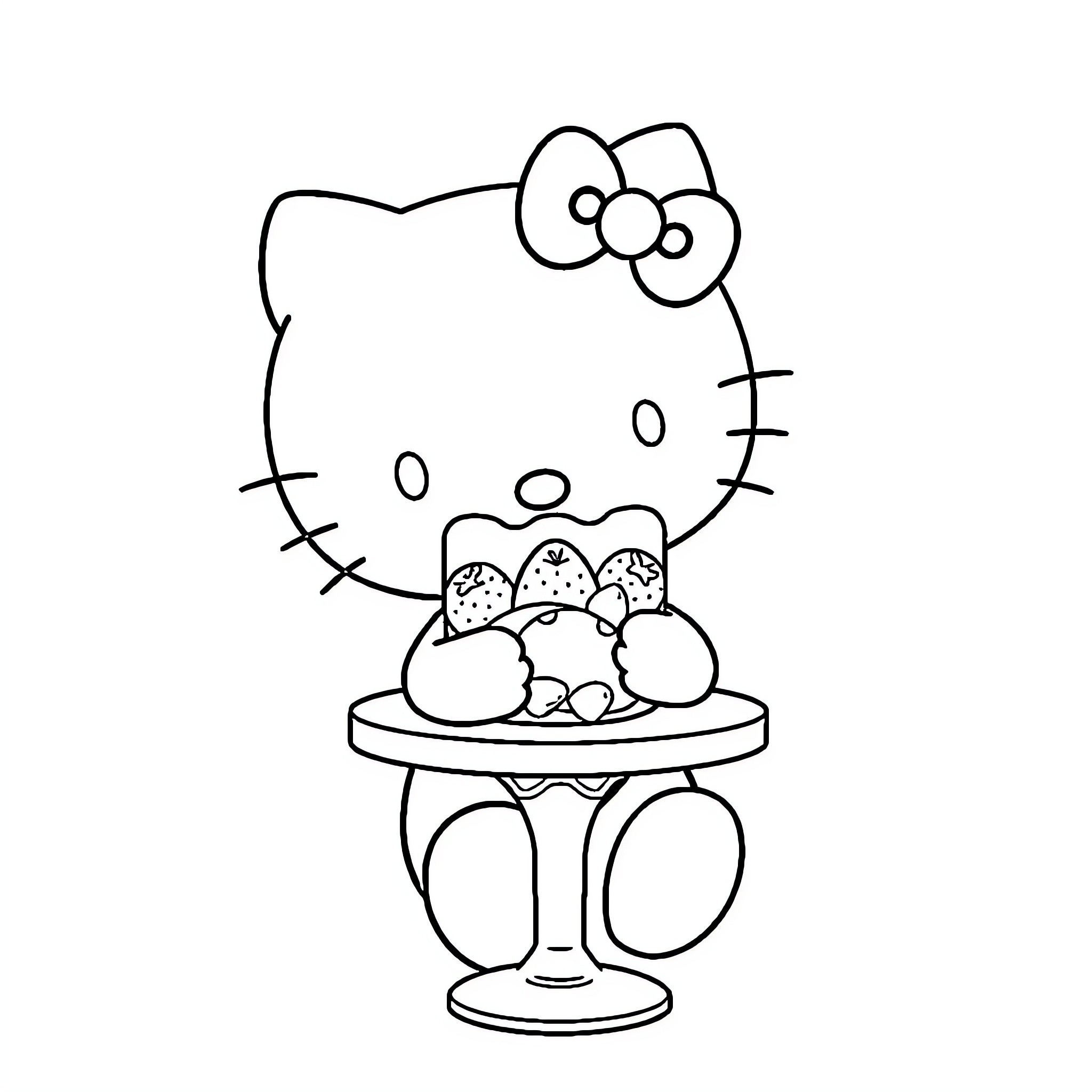 Hello Kitty enjoying a delightful dessert Coloring Page (free black-and-white line drawing printable PDF for all, from beginners to advanced learners, including children, teens, adults, and seniors)