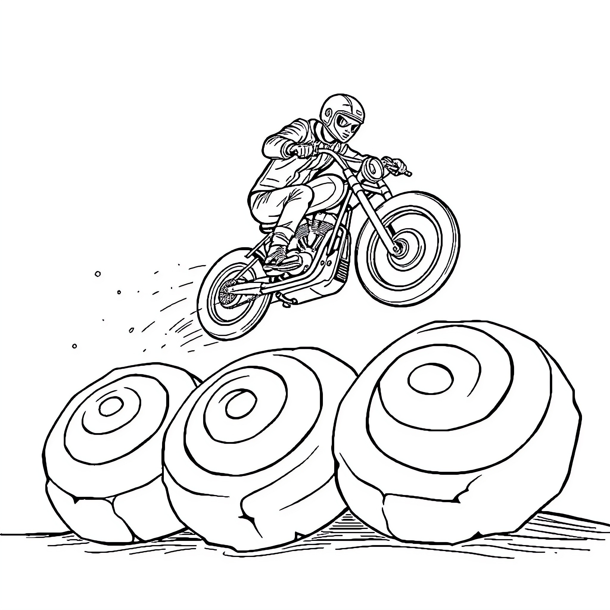 Motorcycle stunt rider performing tricks on obstacles Coloring Page (free black-and-white line drawing printable PDF for all, from beginners to advanced learners, including children, teens, adults, and seniors)
