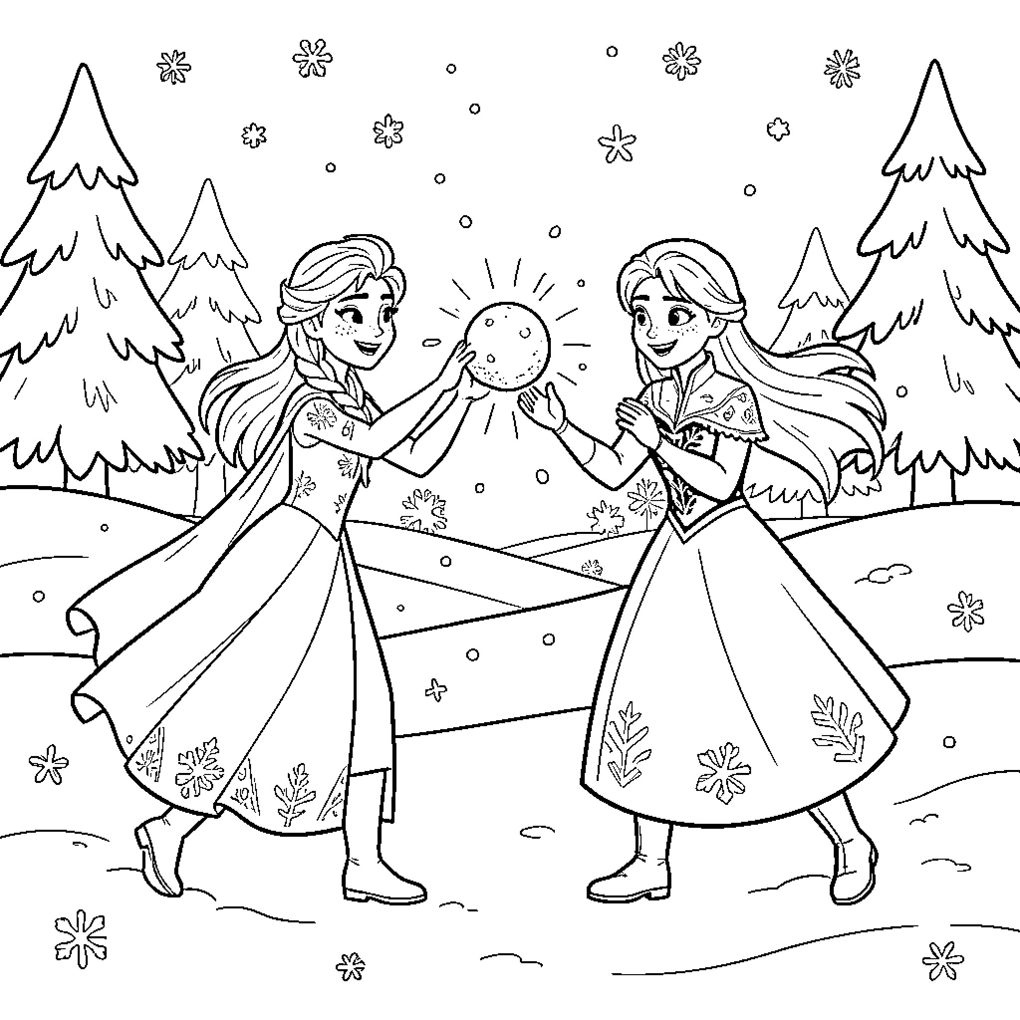 Elsa and Anna playing together in a snowy landscape Coloring Page (free black-and-white line drawing printable PDF for all, from beginners to advanced learners, including children, teens, adults, and seniors)