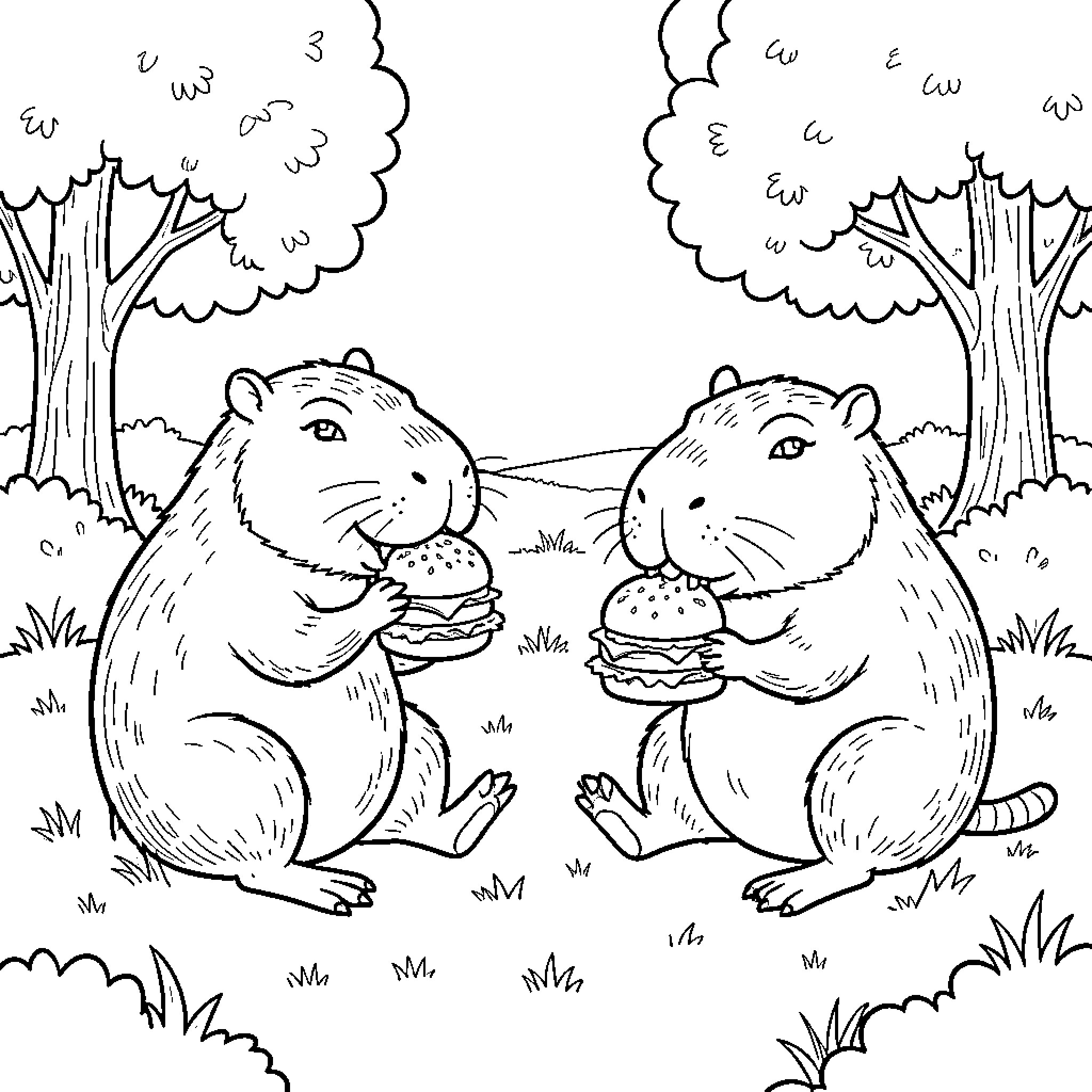Capybara eating delicious burgers in a park Coloring Page (free black-and-white line drawing printable PDF for all, from beginners to advanced learners, including children, teens, adults, and seniors)