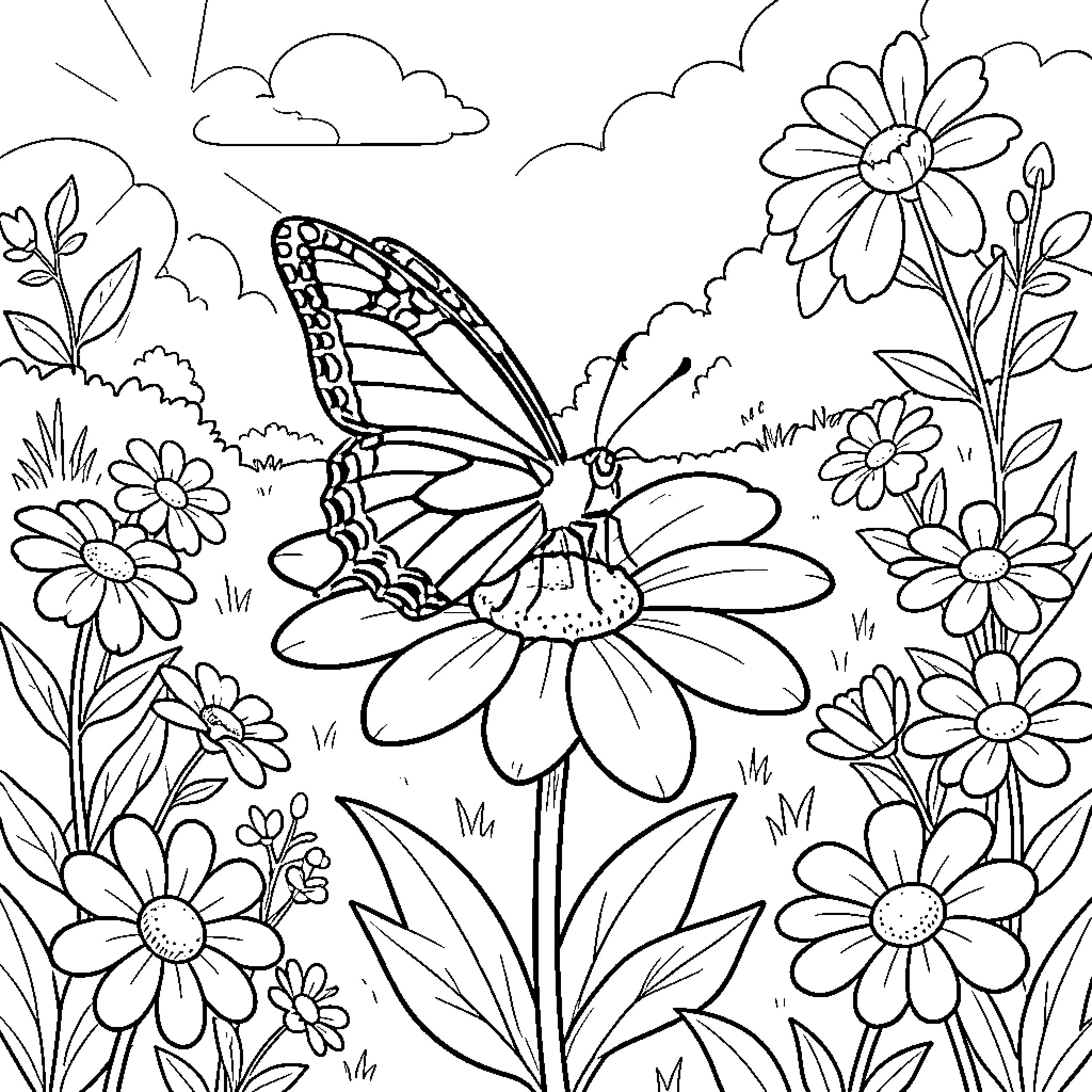 Butterfly landing on a blooming flower in a meadow Coloring Page (free black-and-white line drawing printable PDF for all, from beginners to advanced learners, including children, teens, adults, and seniors)